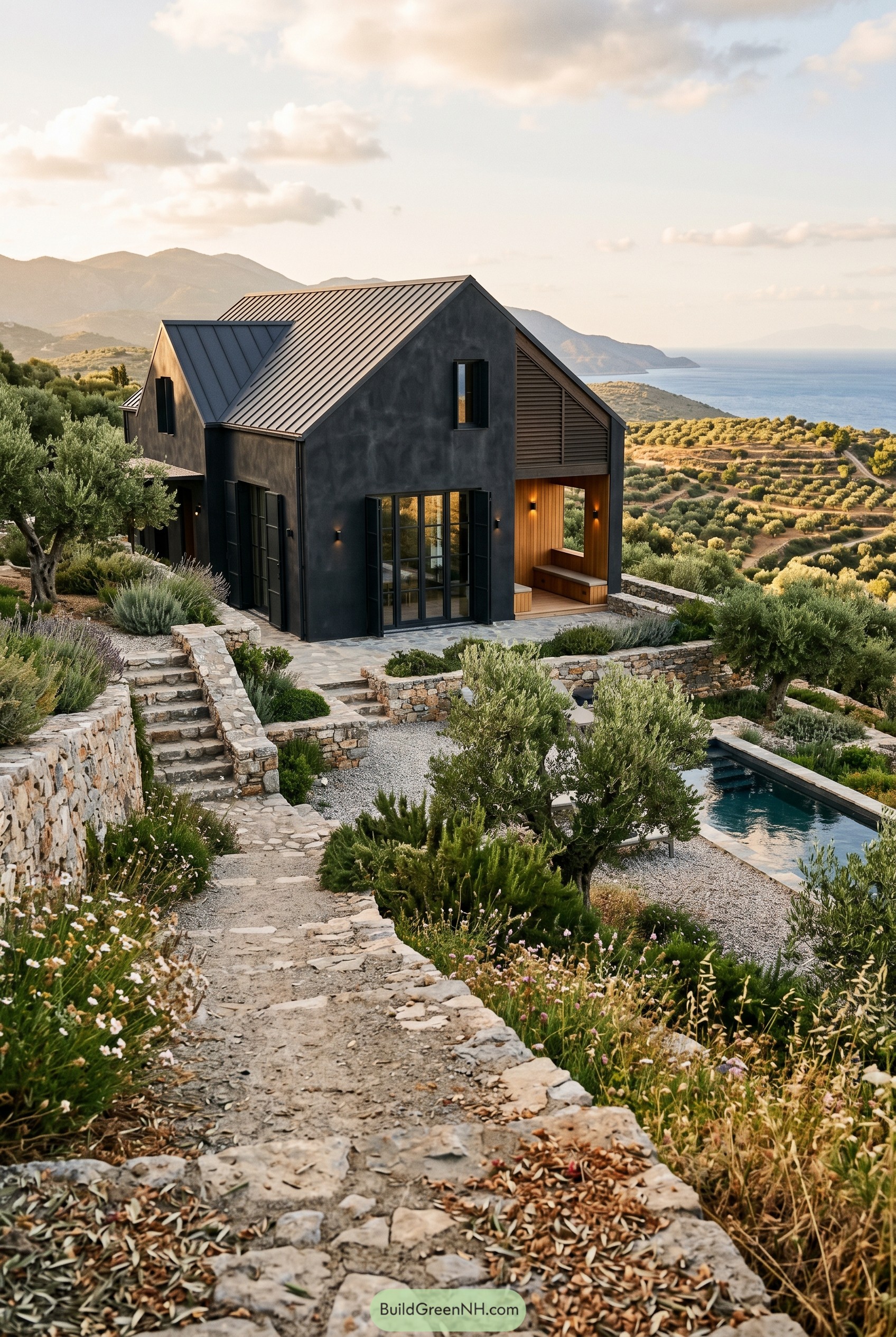 Soft black gabled house above the sea
