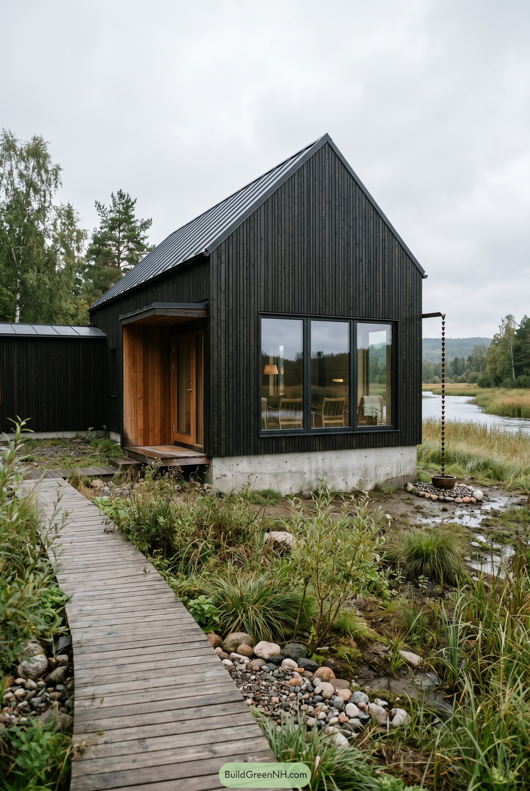 Black gabled house beside marsh and boardwalk