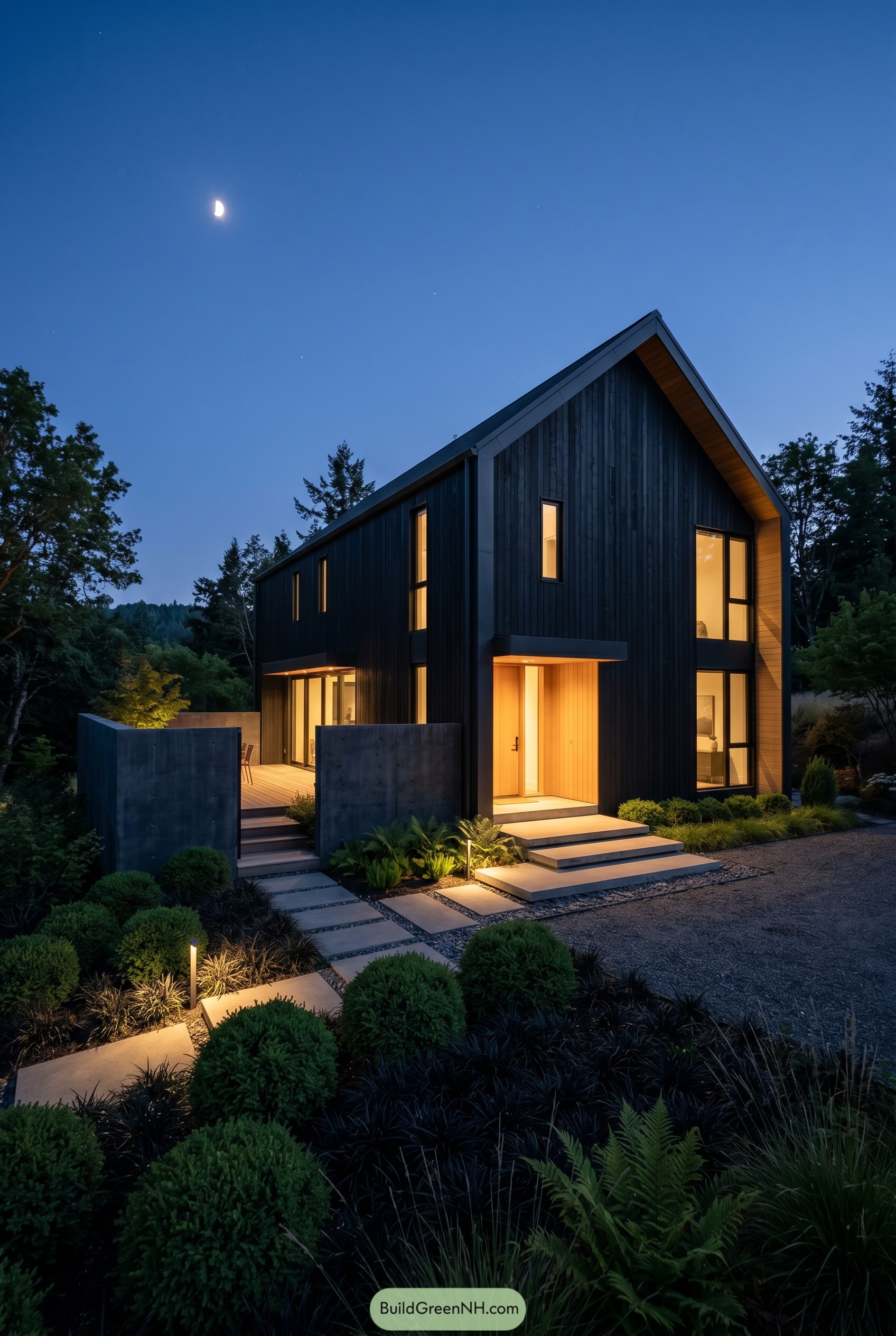 Black gabled house with warm glowing windows