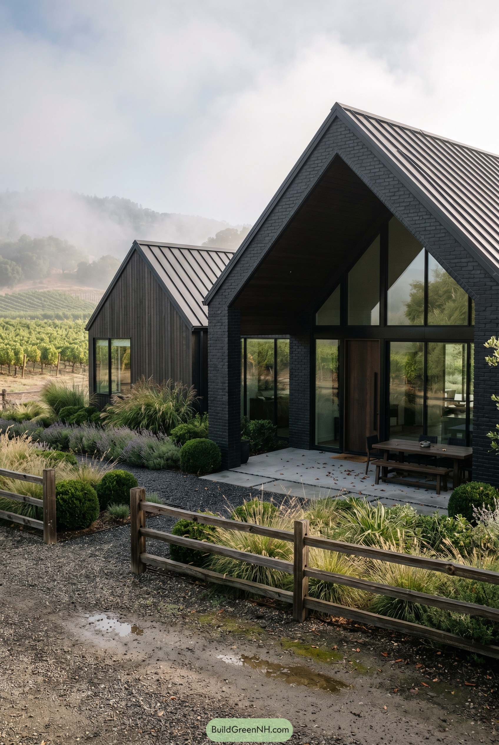 Black modern twin gabled house beside vineyard