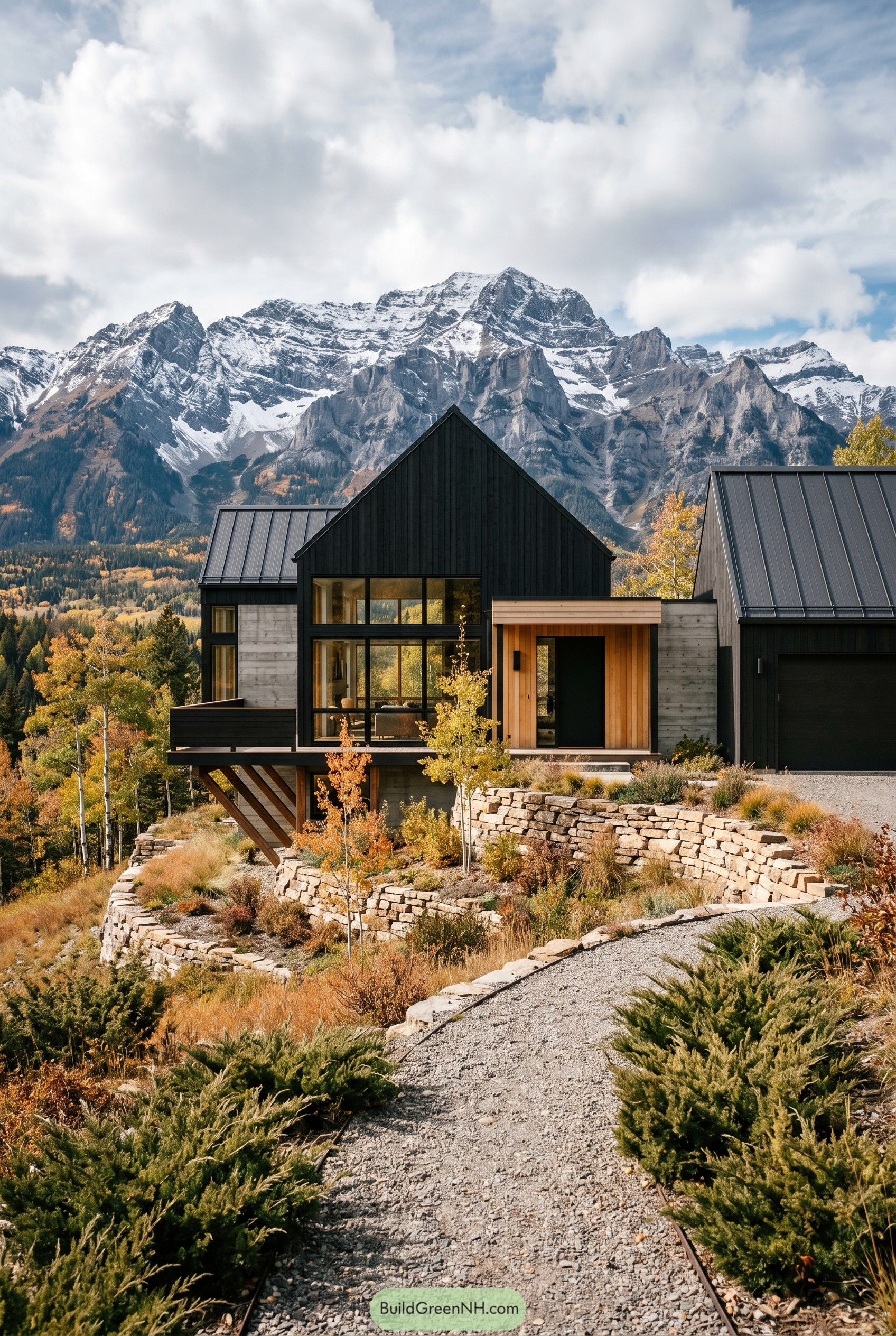 Black modern gabled house on a terraced mountain slope