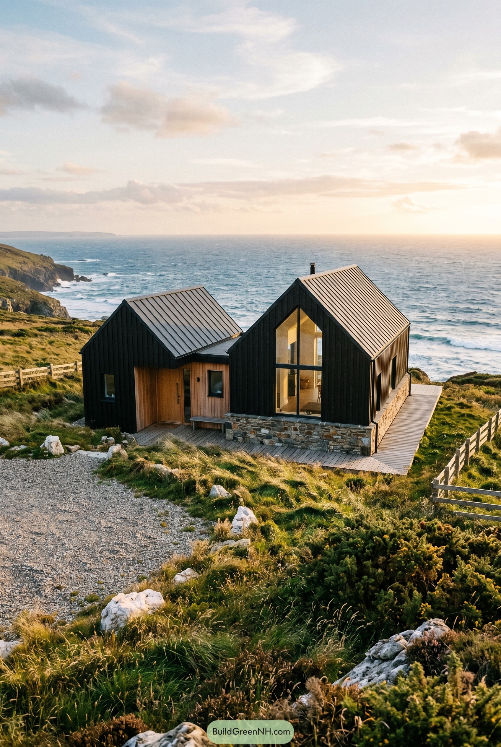 Black twin gabled house on a coastal bluff