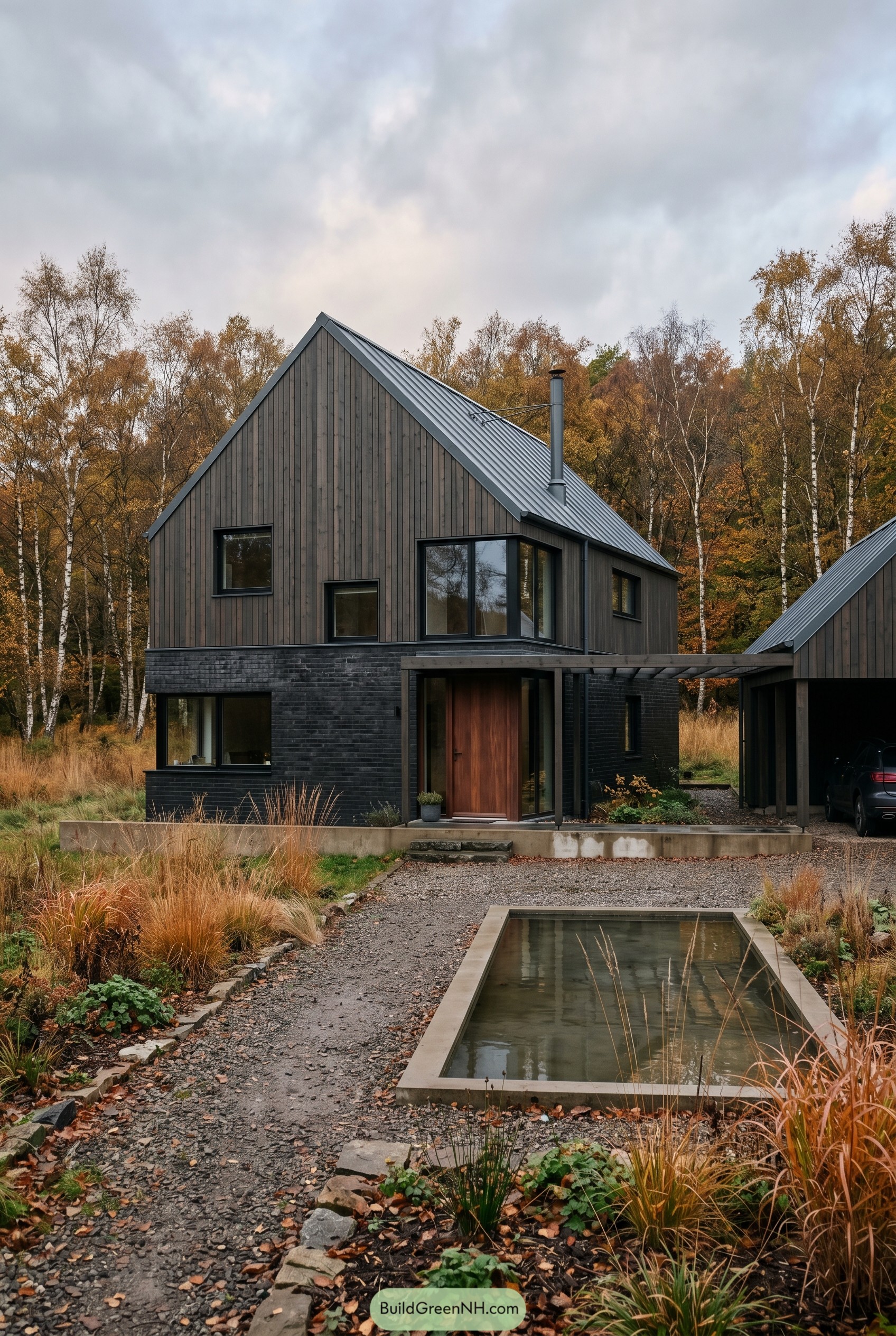 Dark gabled house with reflecting pool