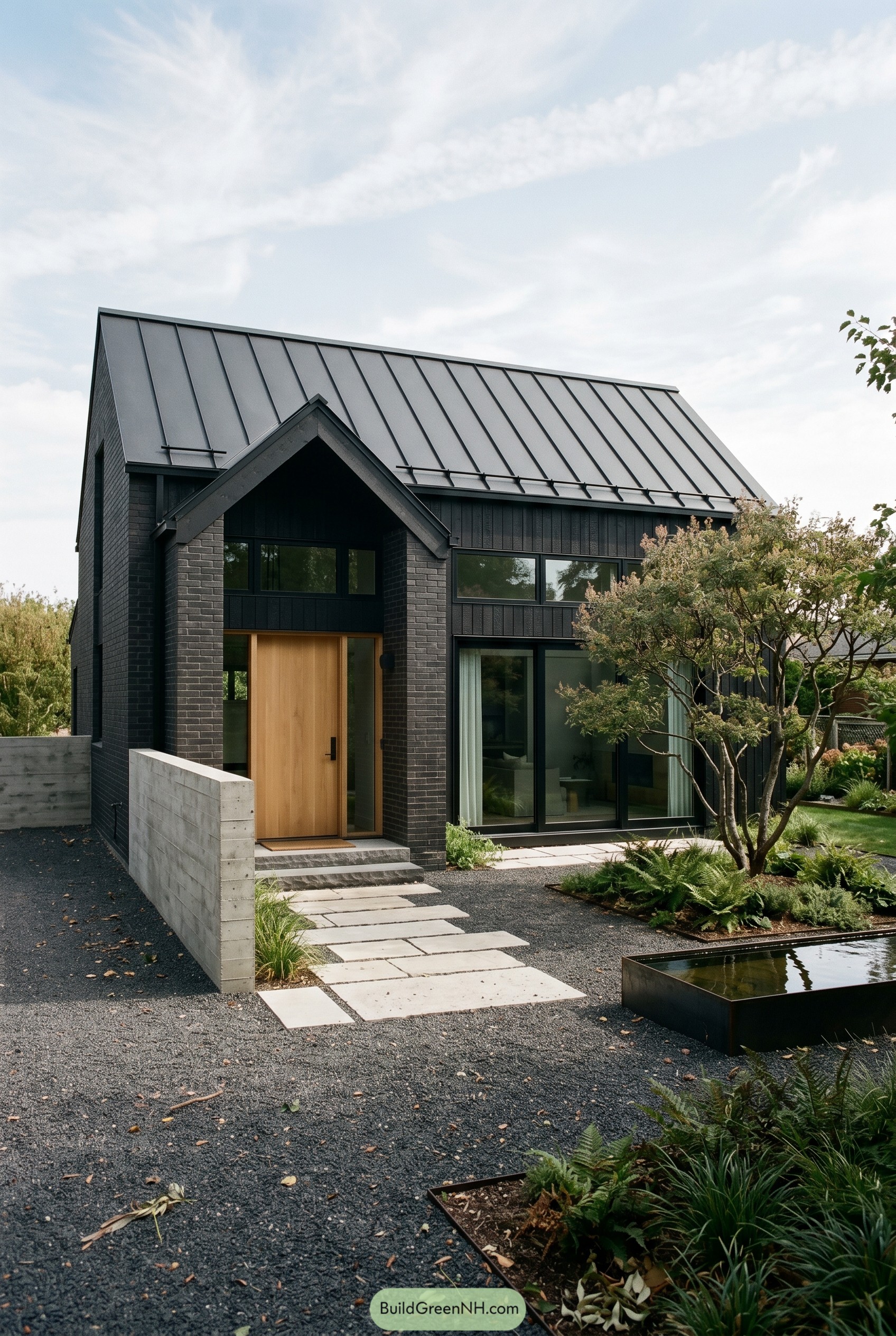 Black modern gabled house with wood entry