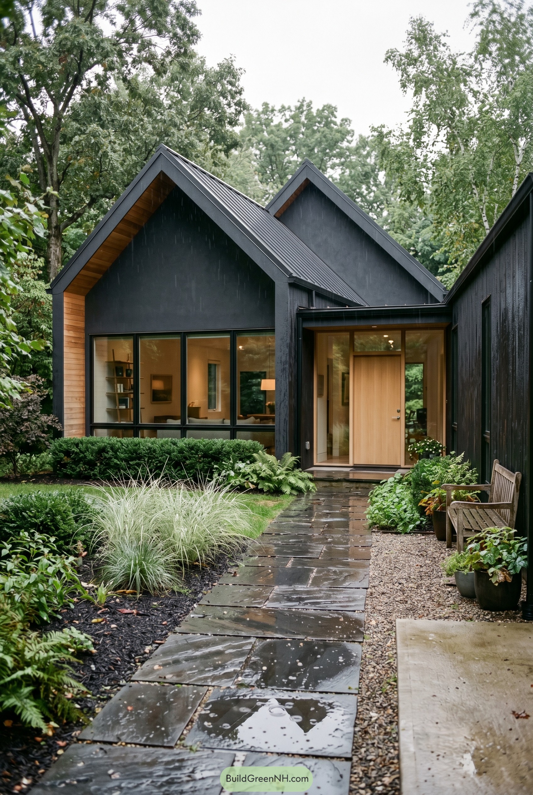 Soft black gabled house with wet stone path