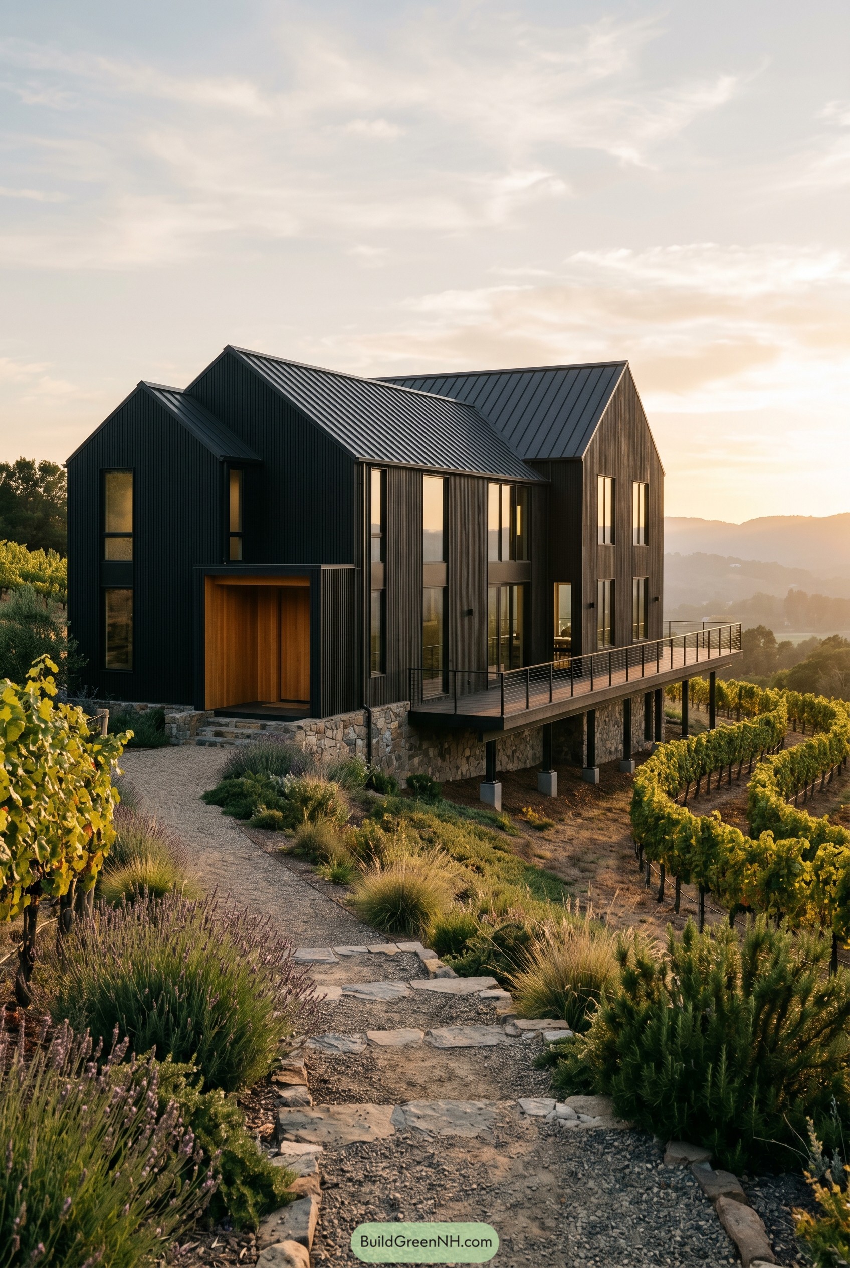 Black gabled house above a vineyard