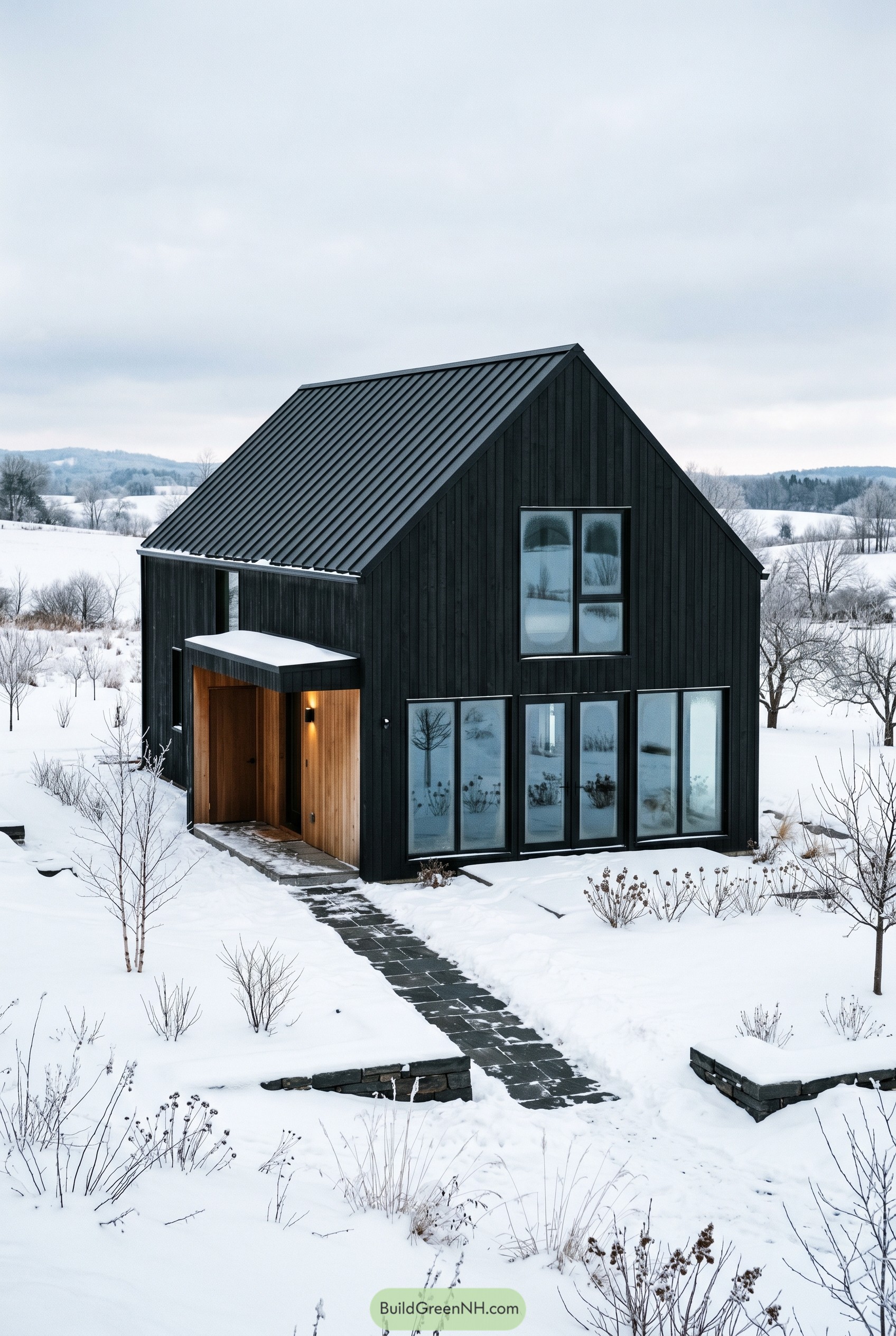 Soft black gabled house in snowy field