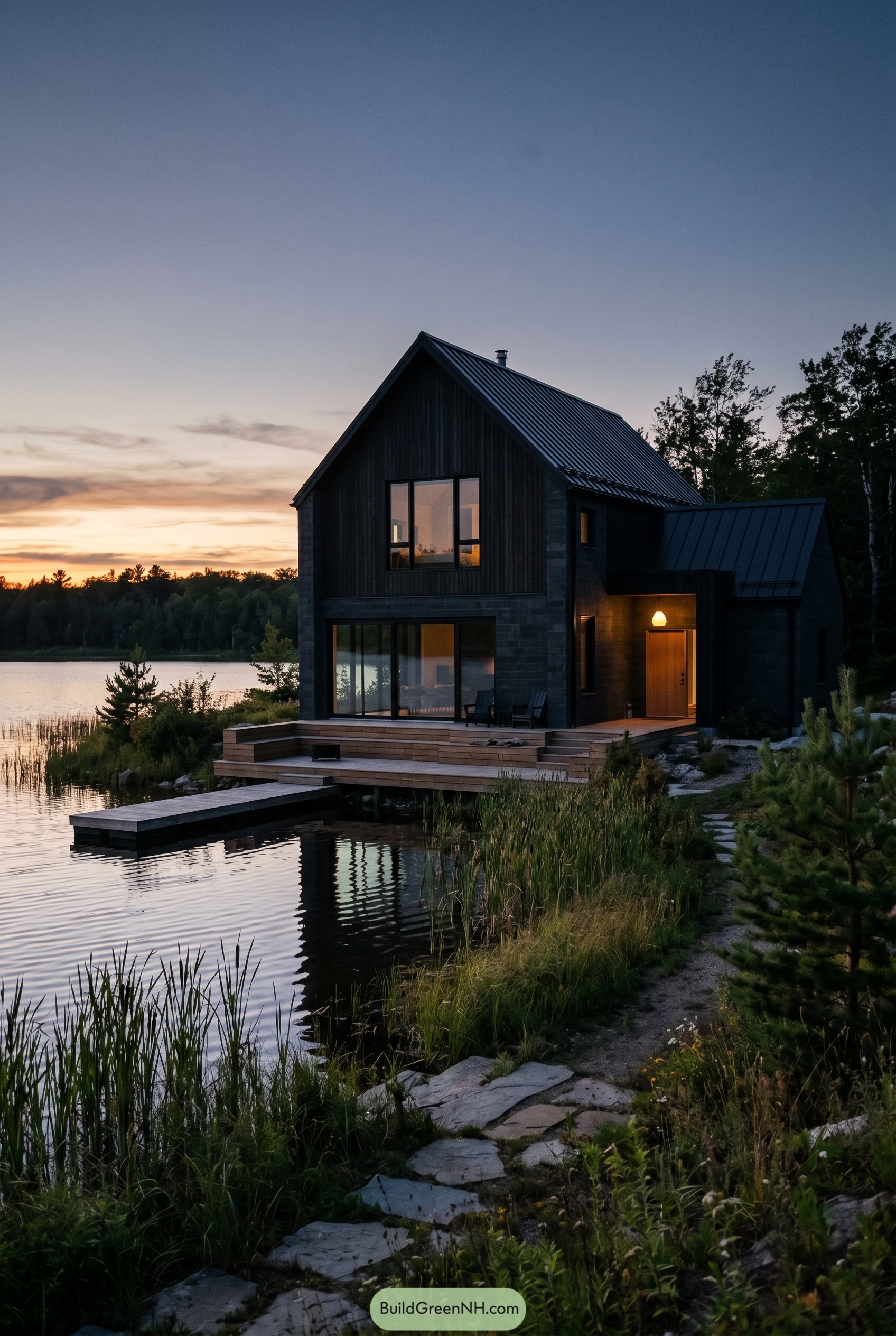 Black gabled lakeside house at dusk