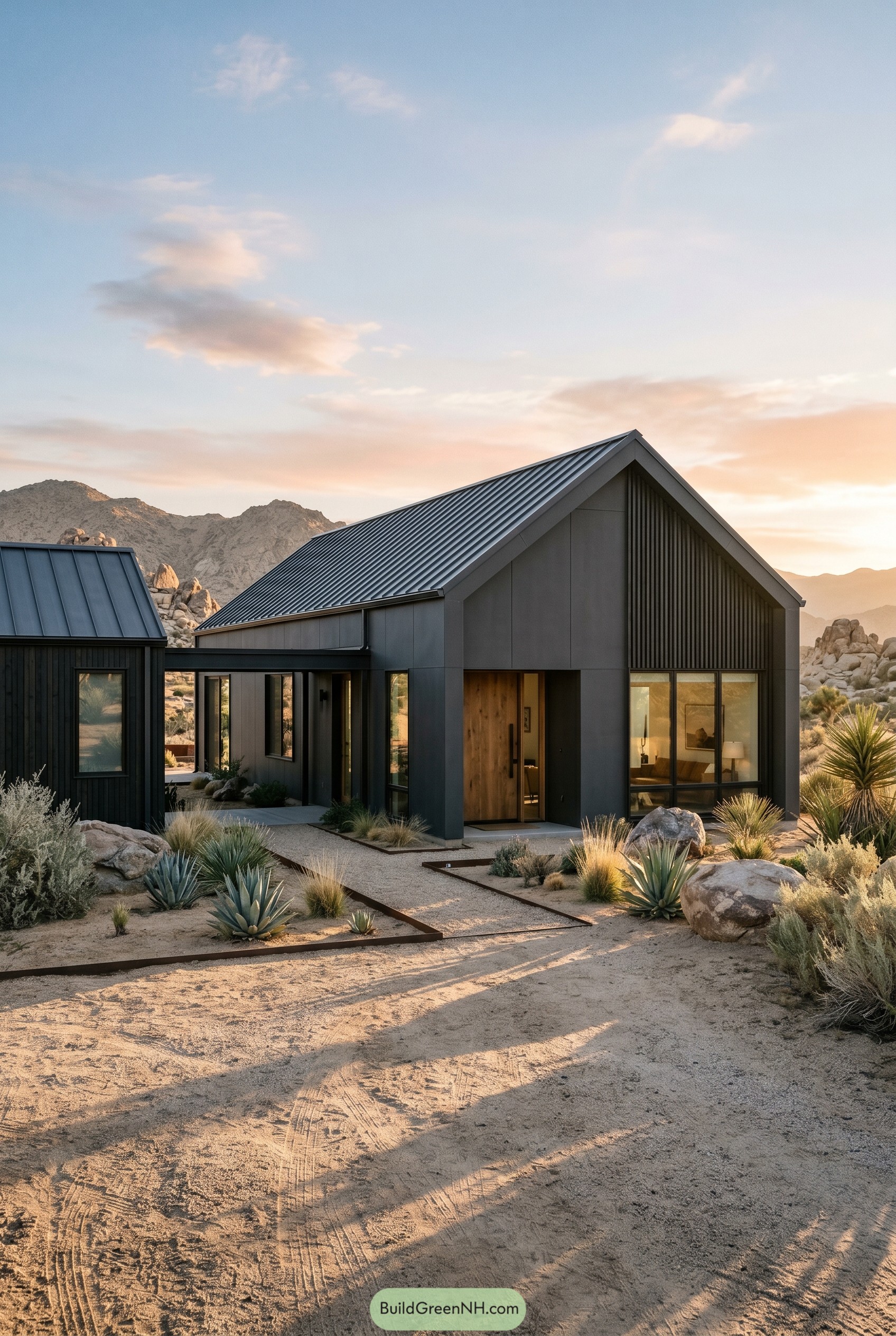 Black modern gabled house in desert landscape