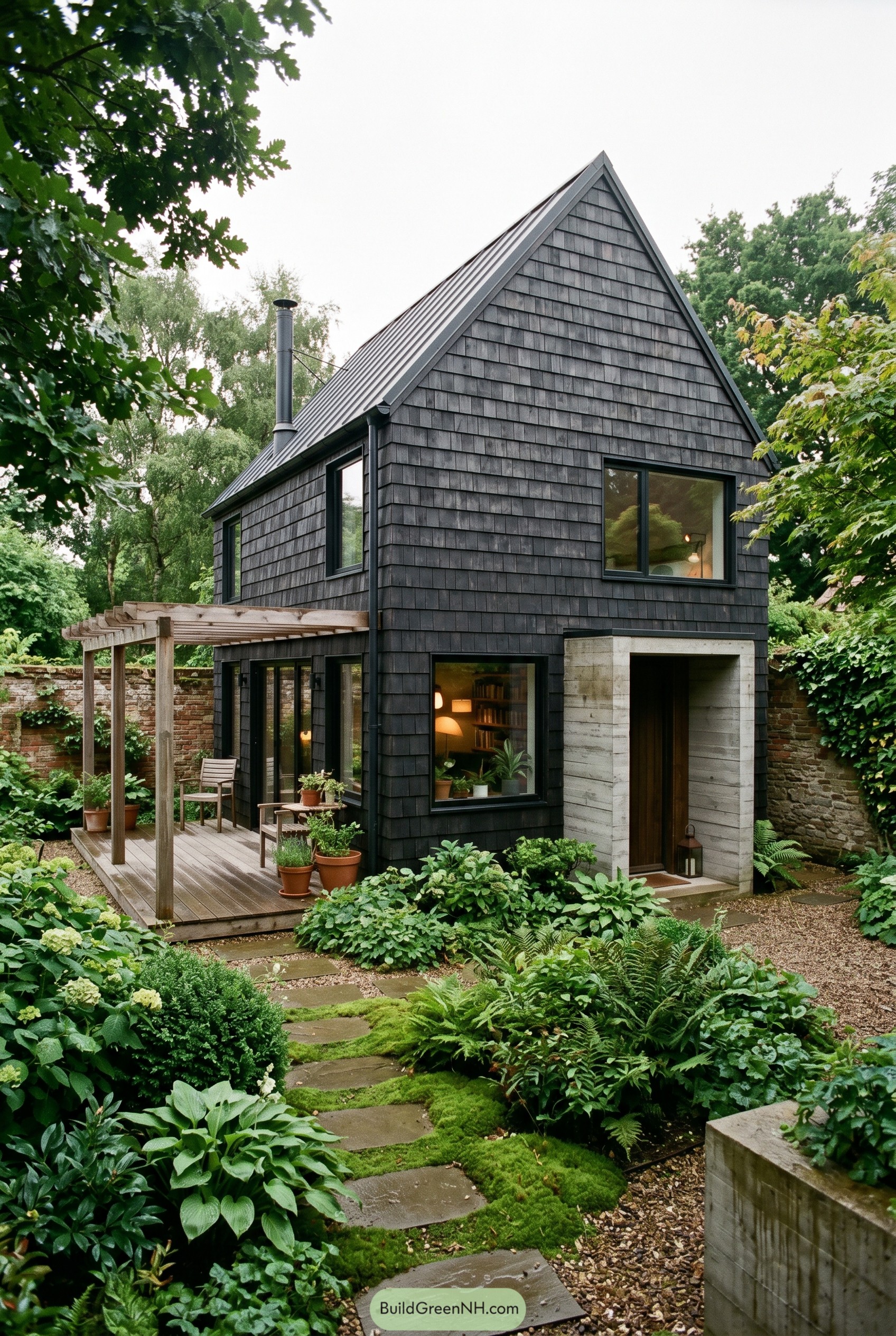 Black gabled house in lush garden