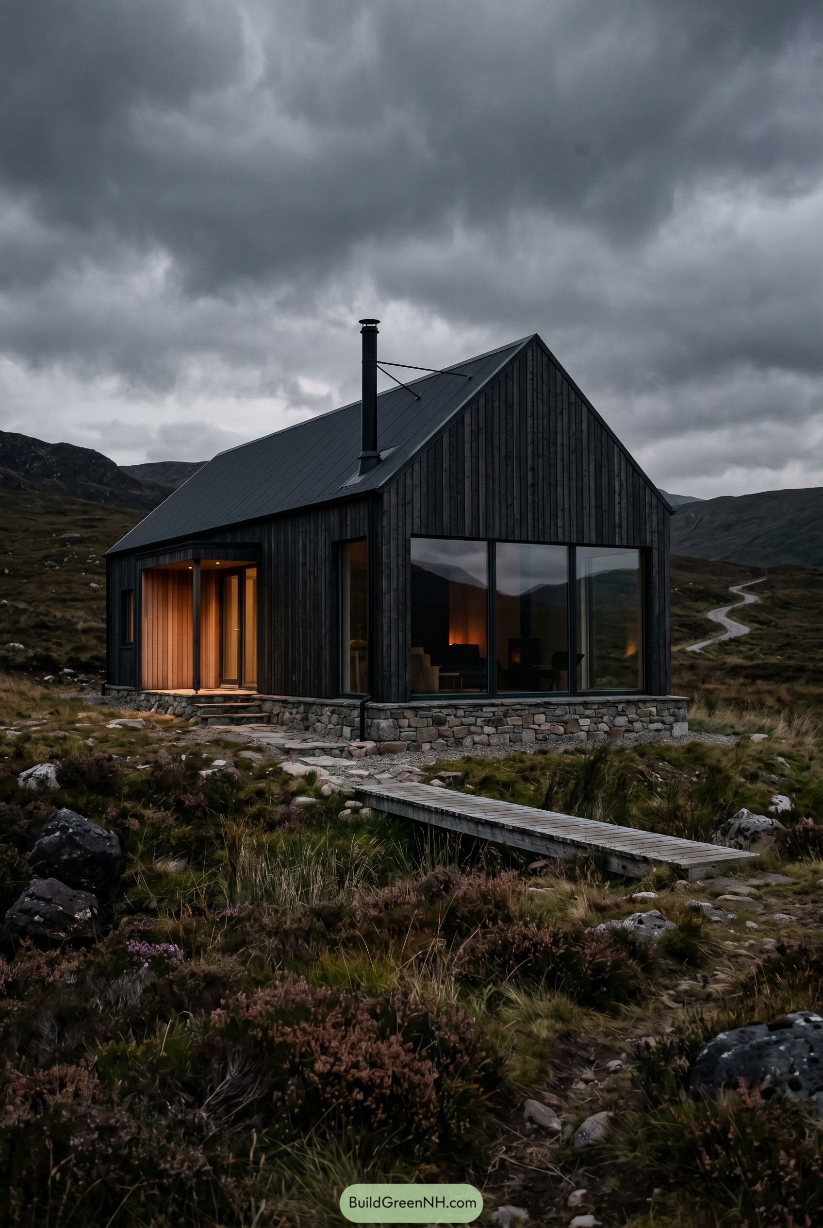Black gabled cabin on rugged moor