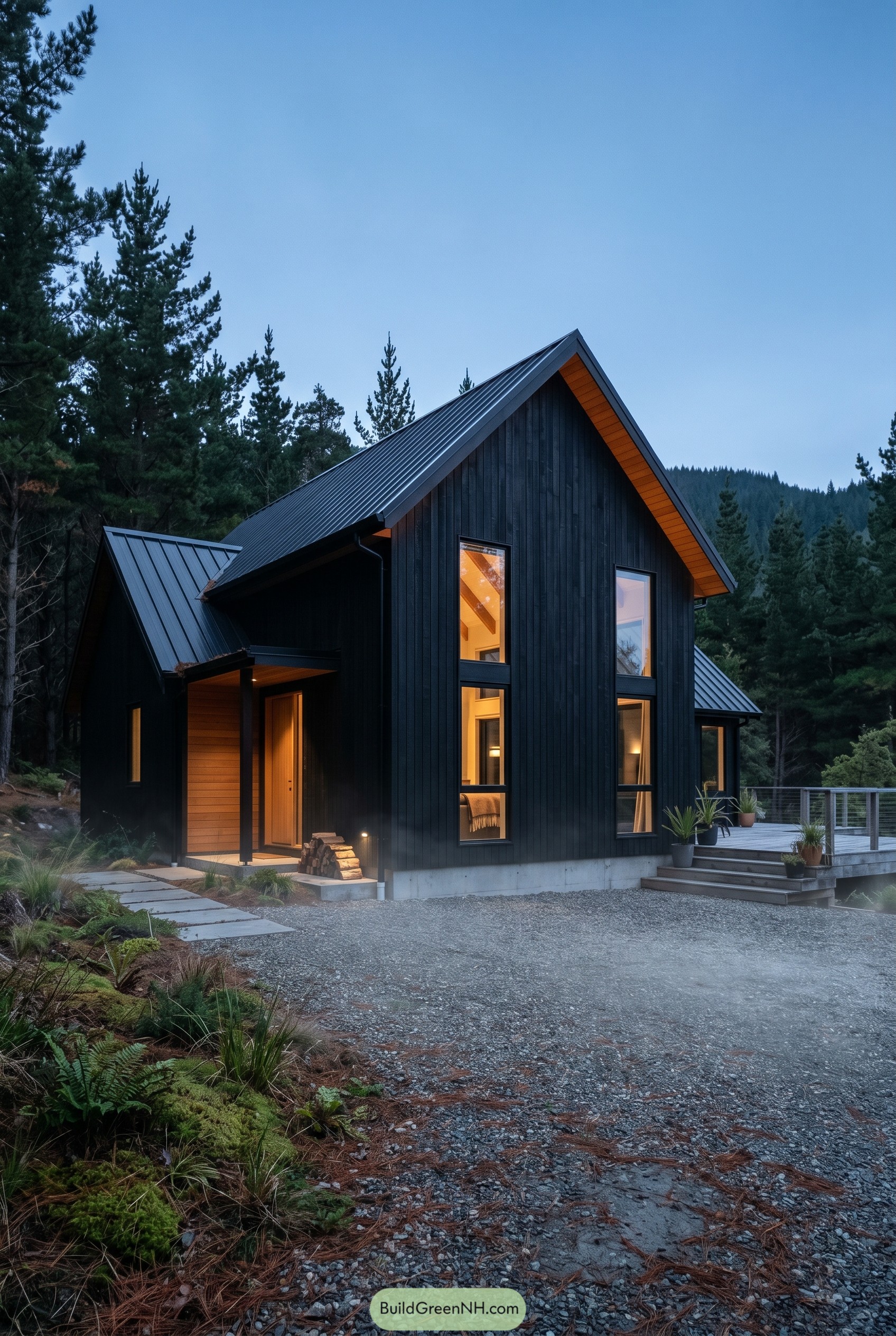 Soft black gabled house in pine forest