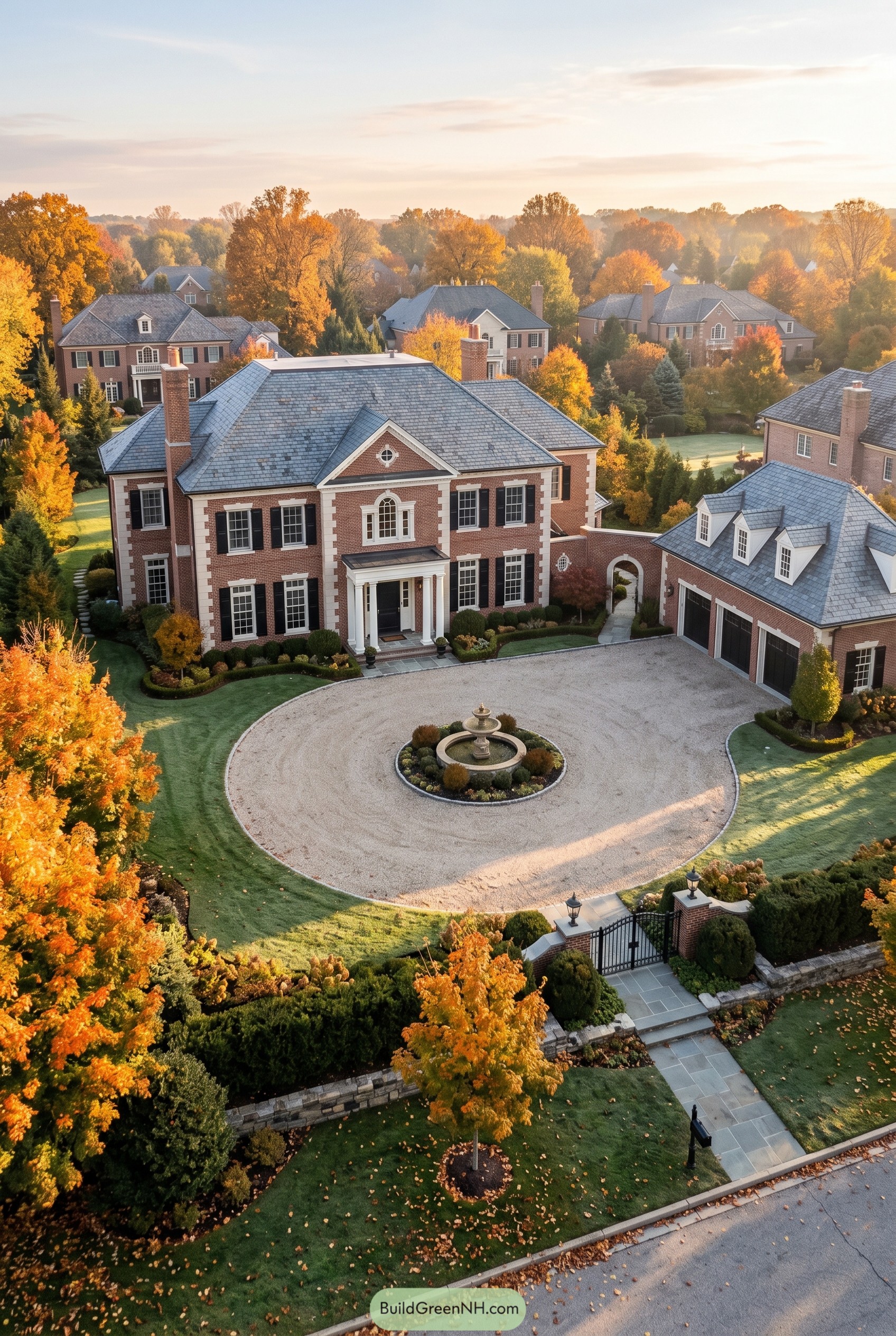 Brick Georgian manor with circular drive and fountain