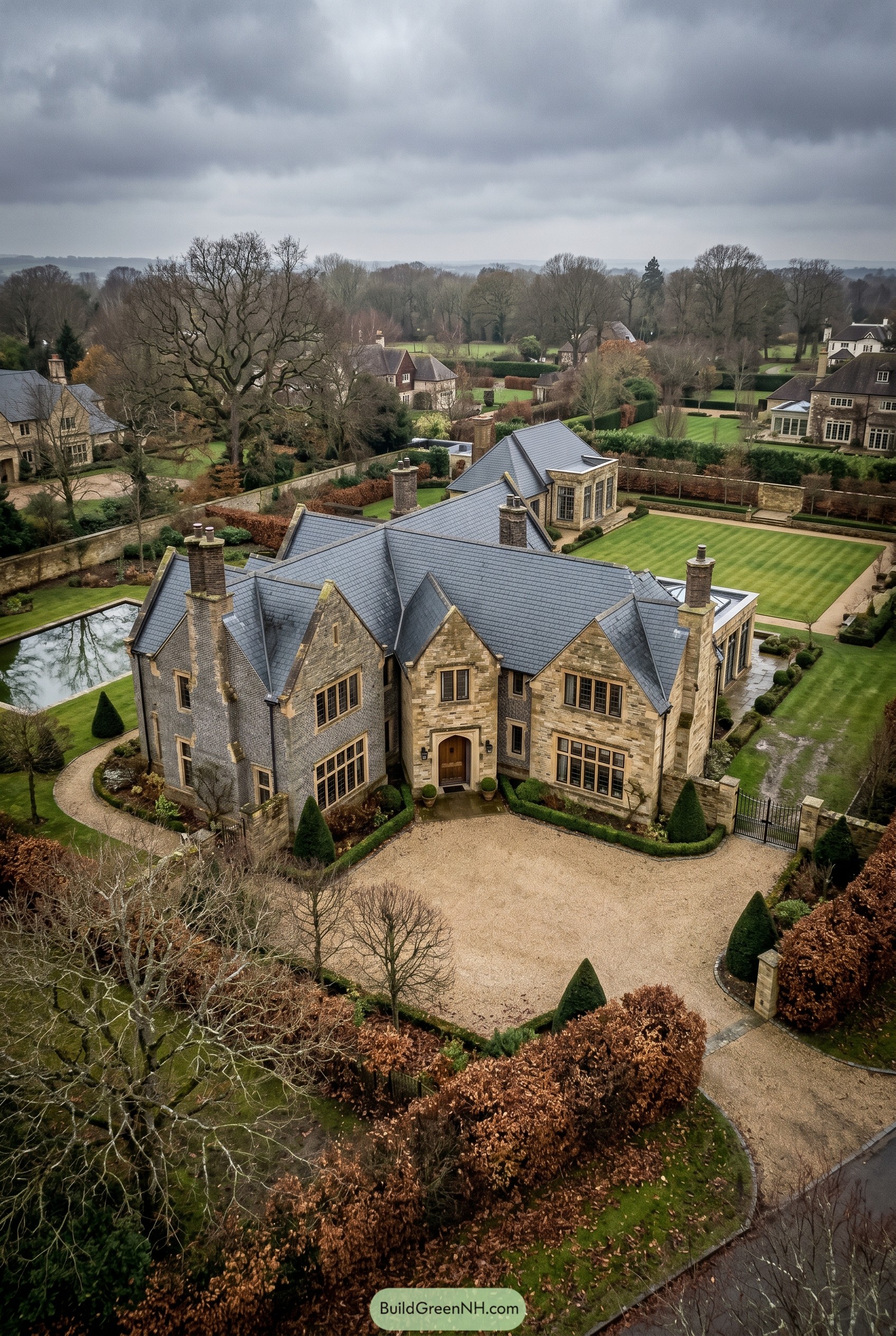 Aerial view of a walled stone country house