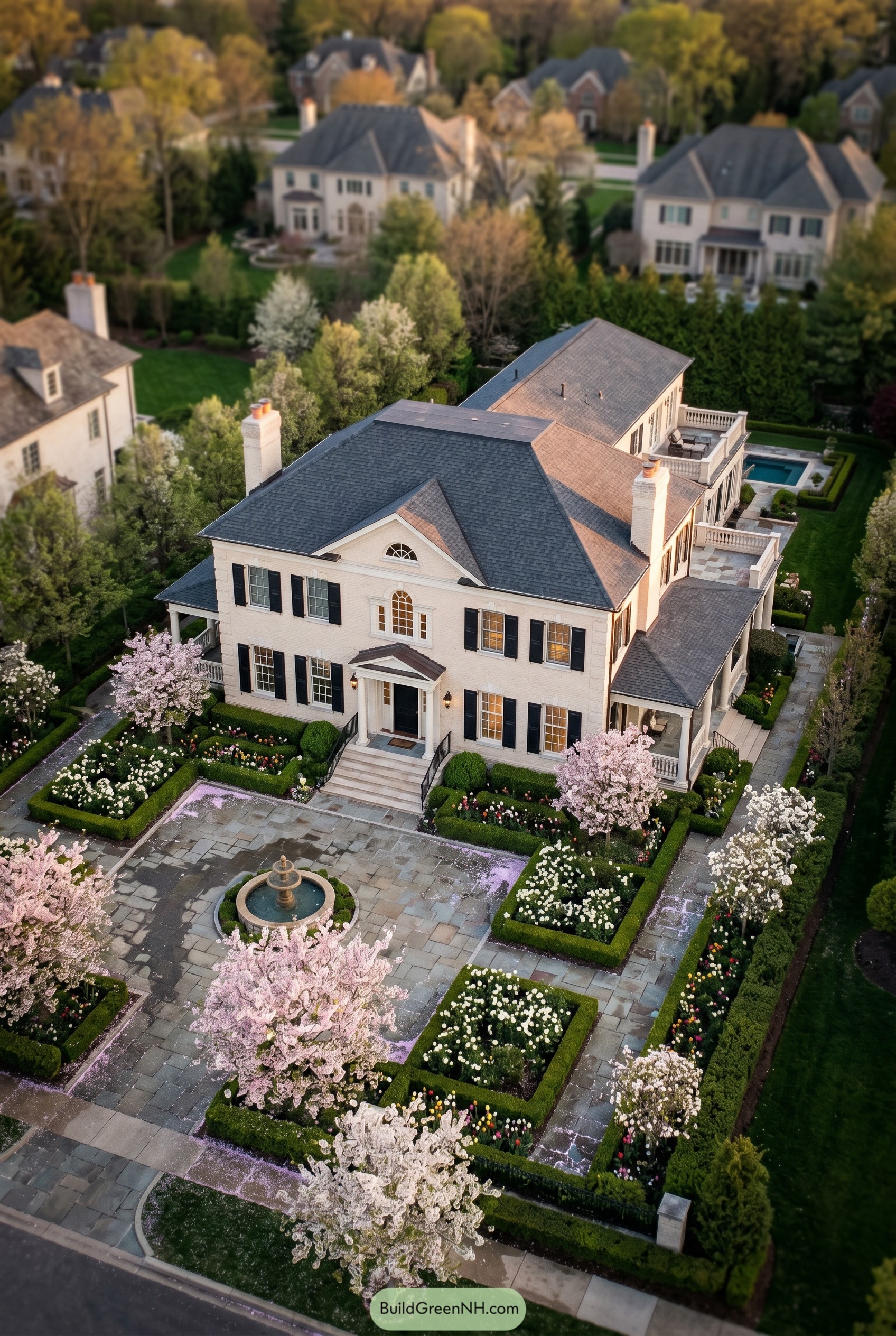 Formal brick mansion with fountain courtyard