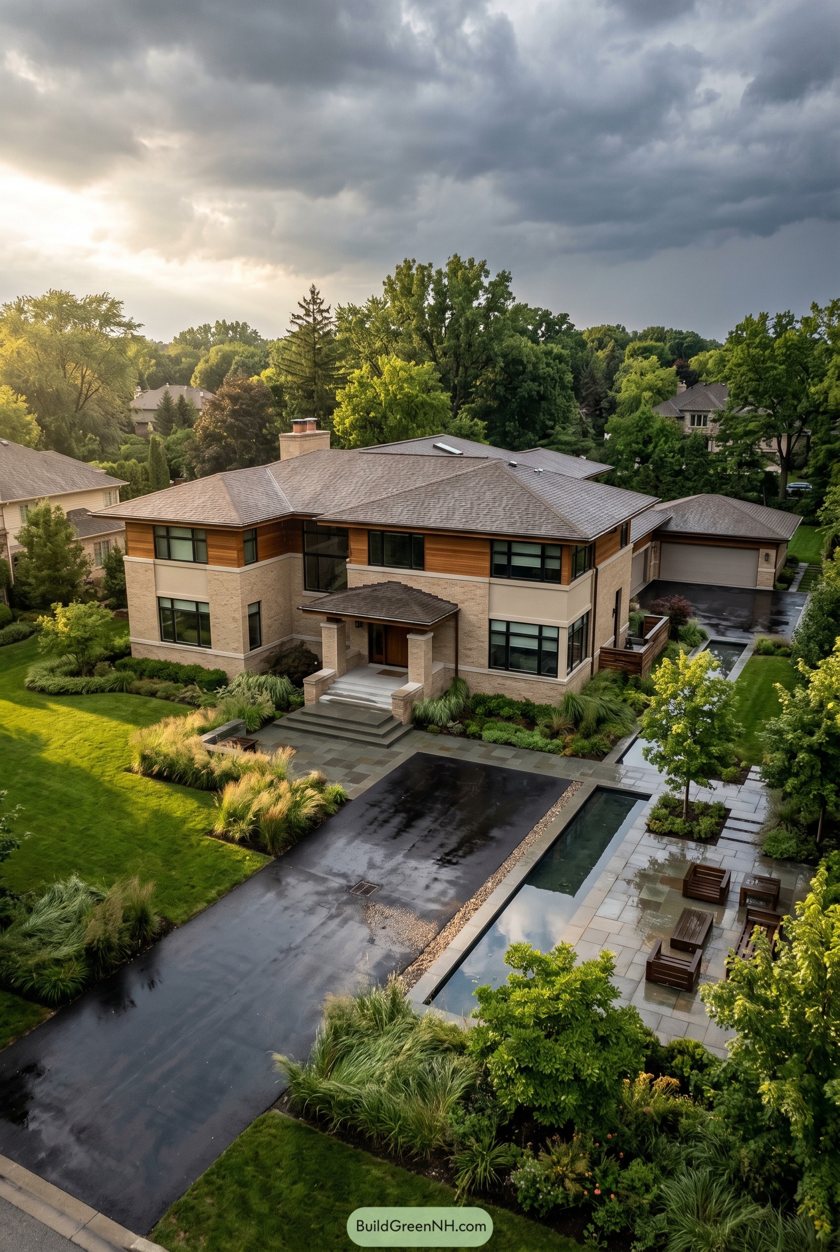 Contemporary brick mansion with reflecting pool