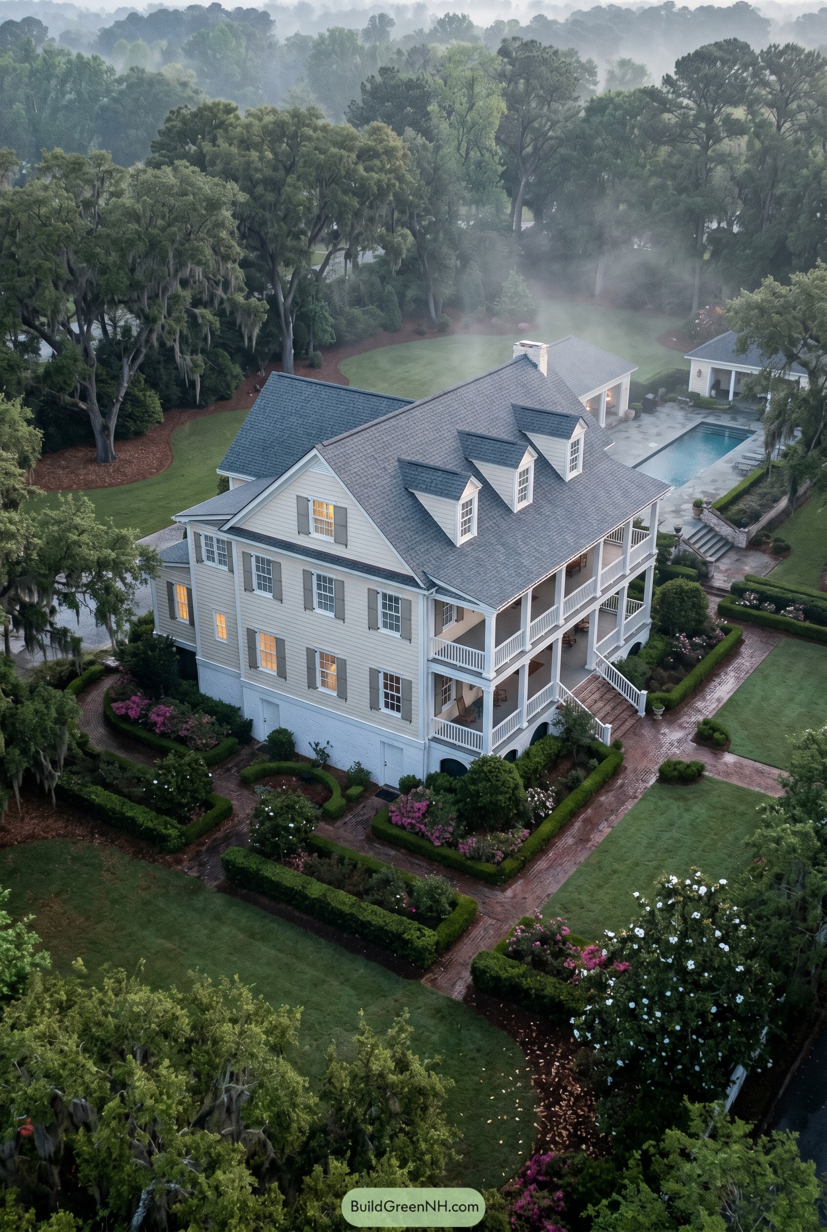 White Southern-style house with double porches and pool