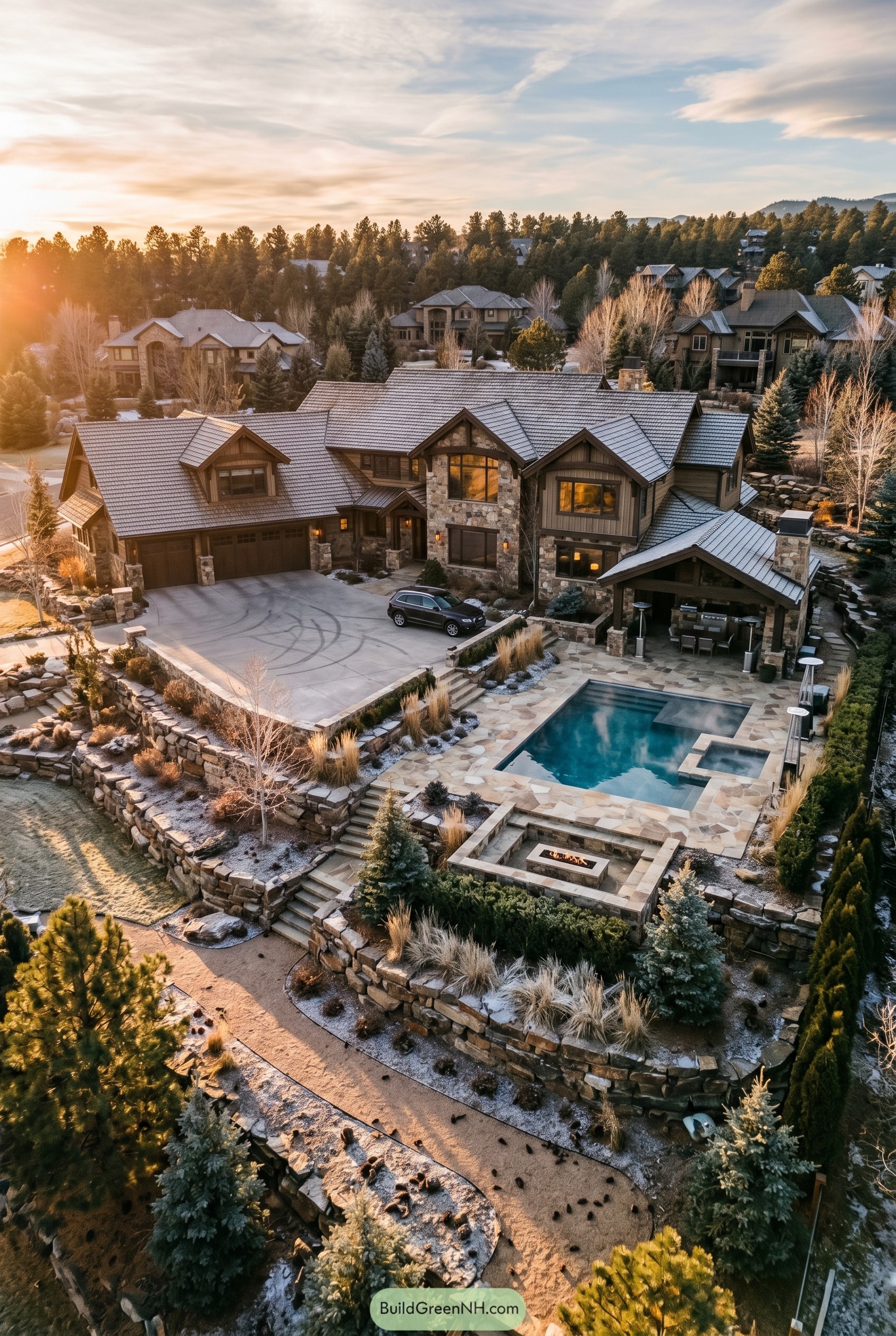 Stone and timber mountain lodge with pool