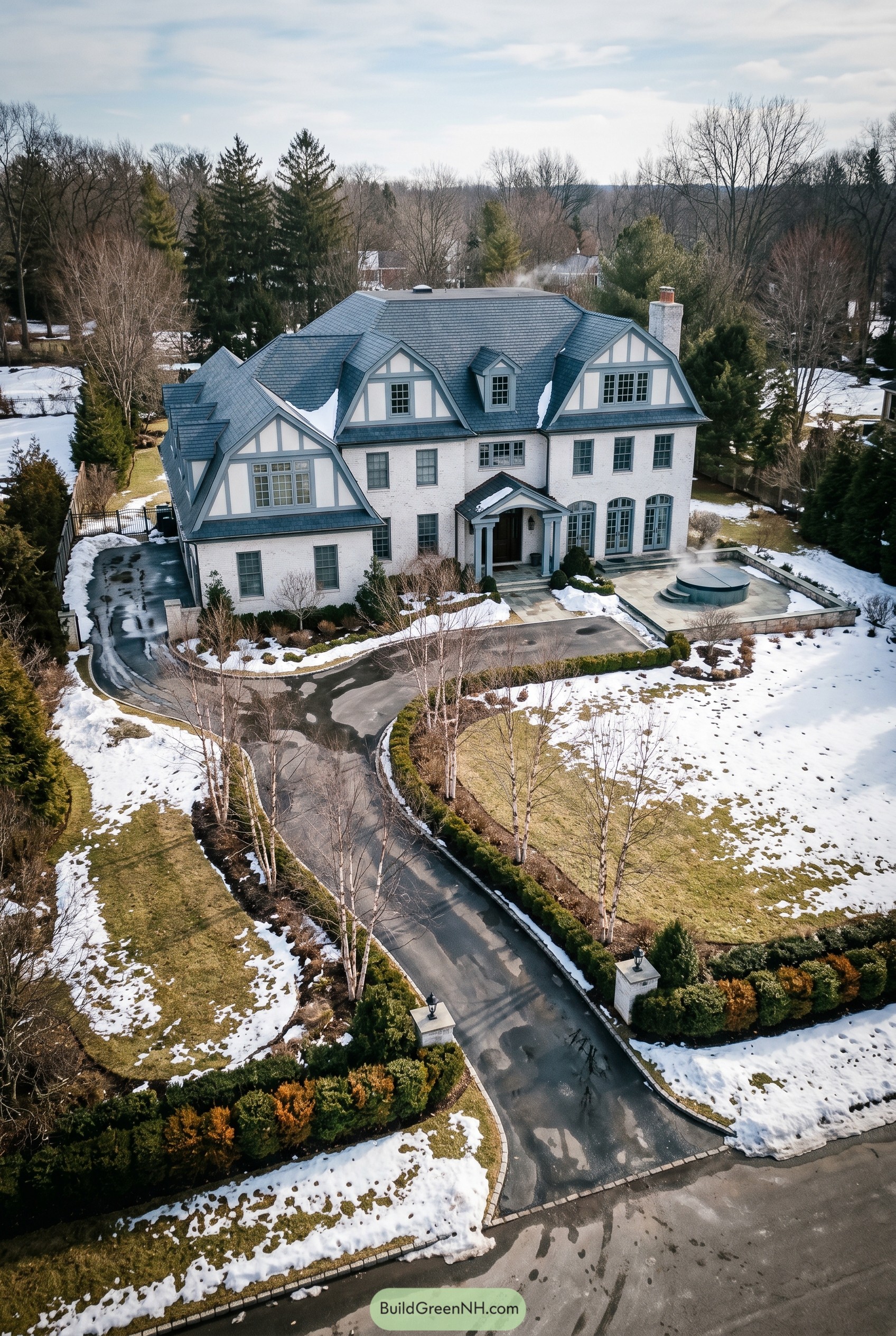 White brick mansion with blue roof in snow