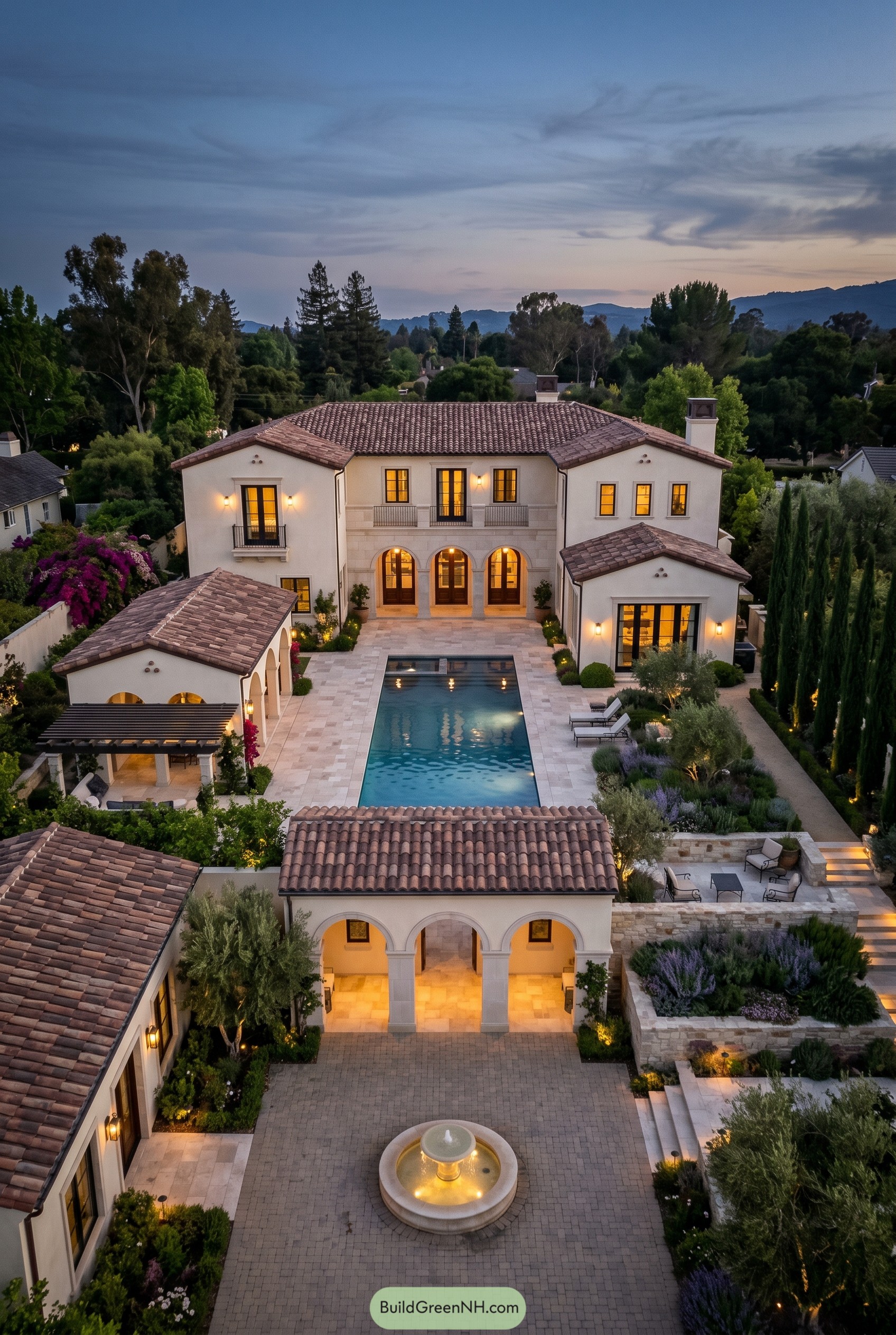 Mediterranean estate with pool courtyard and fountain
