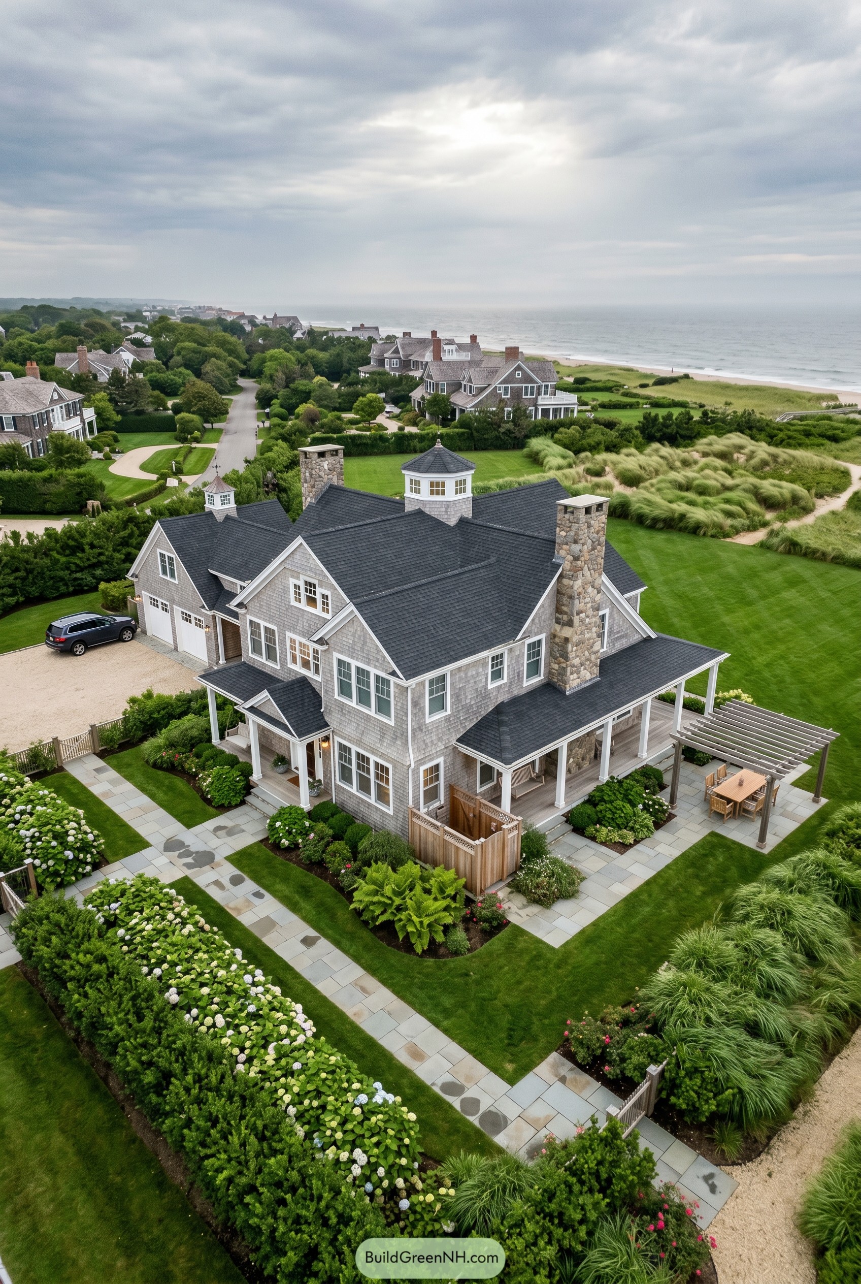 Large coastal shingle home beside dunes and beach