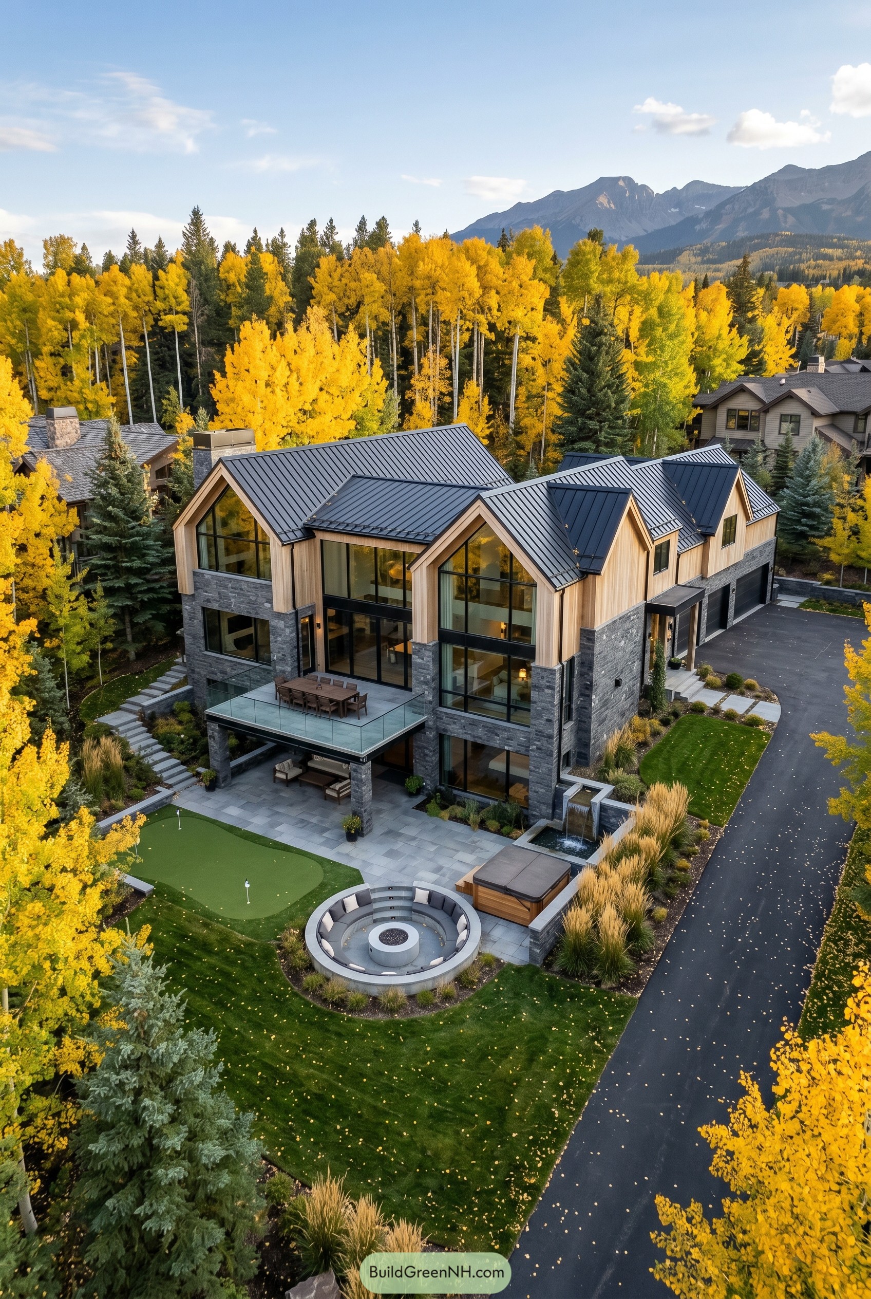 Modern gabled mansion surrounded by golden aspens
