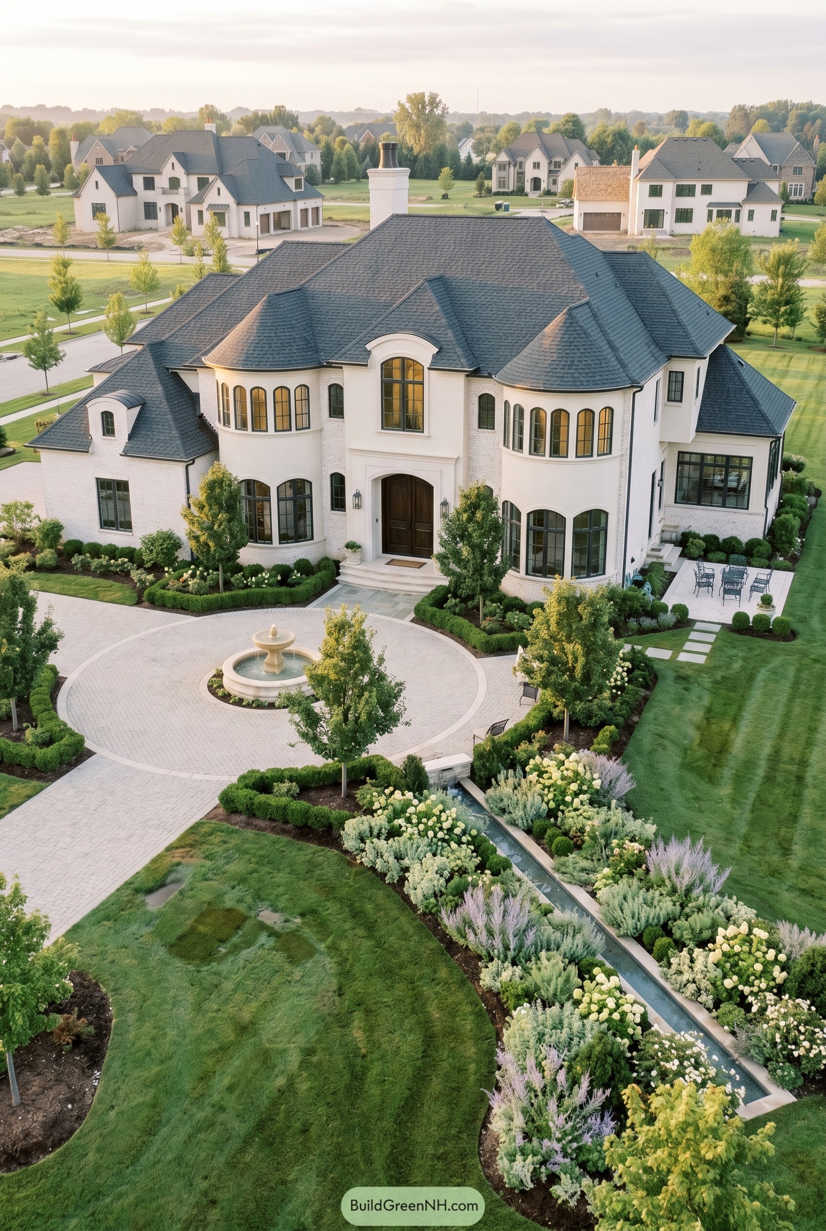 White brick manor with fountain court and formal rill