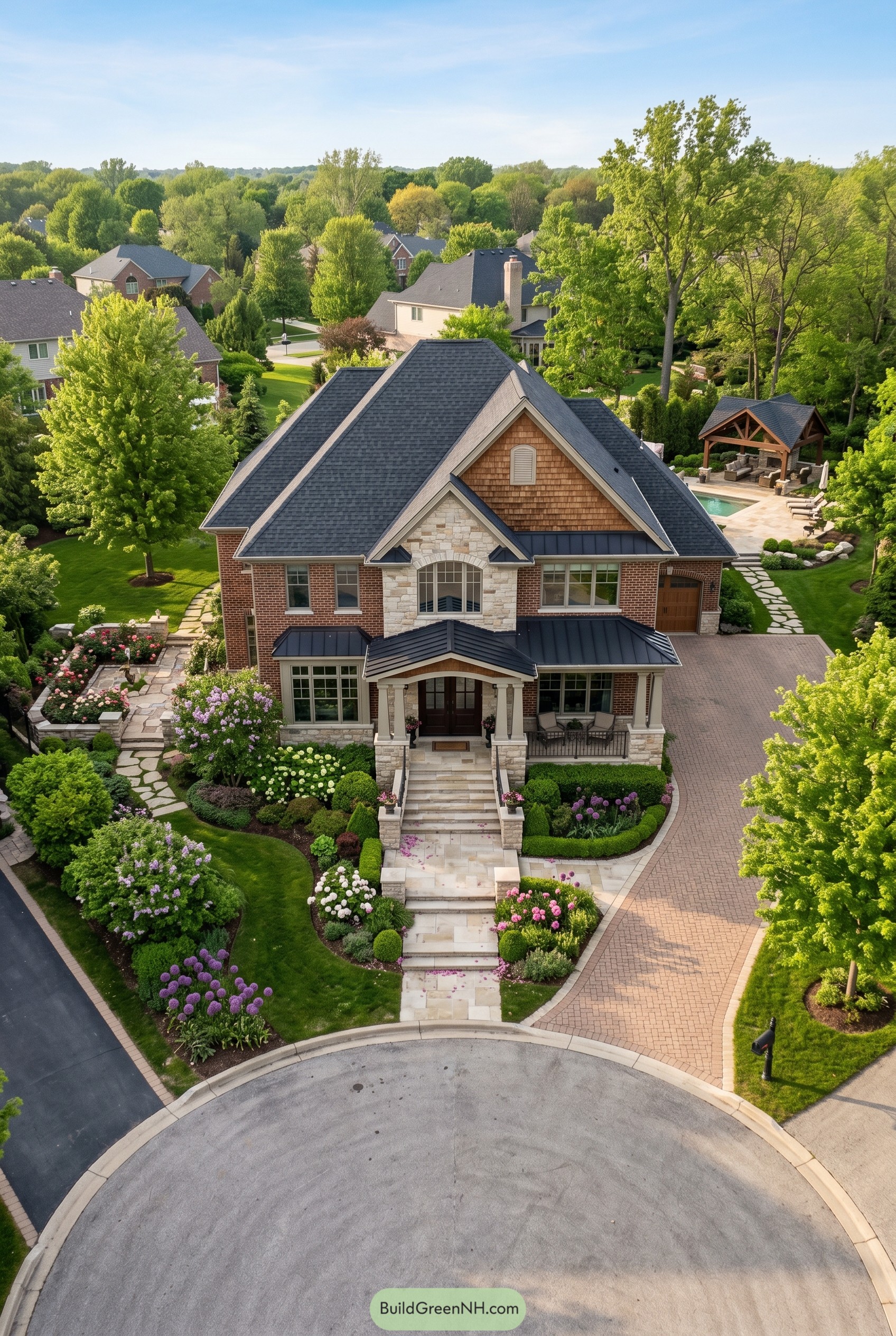 Large brick and stone house with lush gardens
