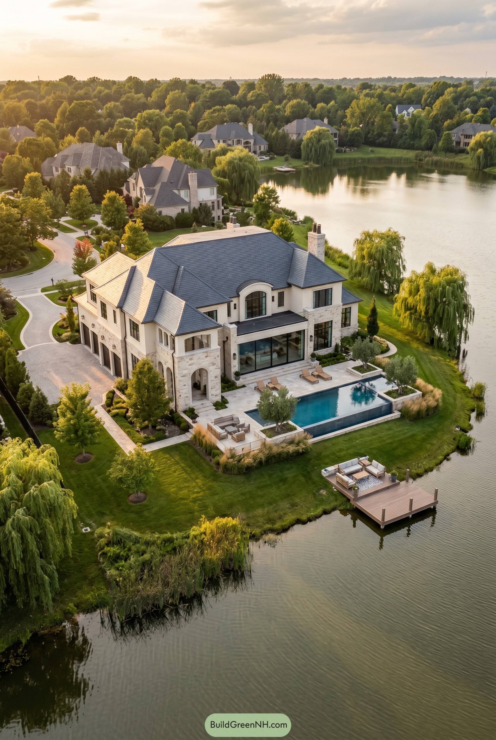 Lakeside mansion with pool and dock