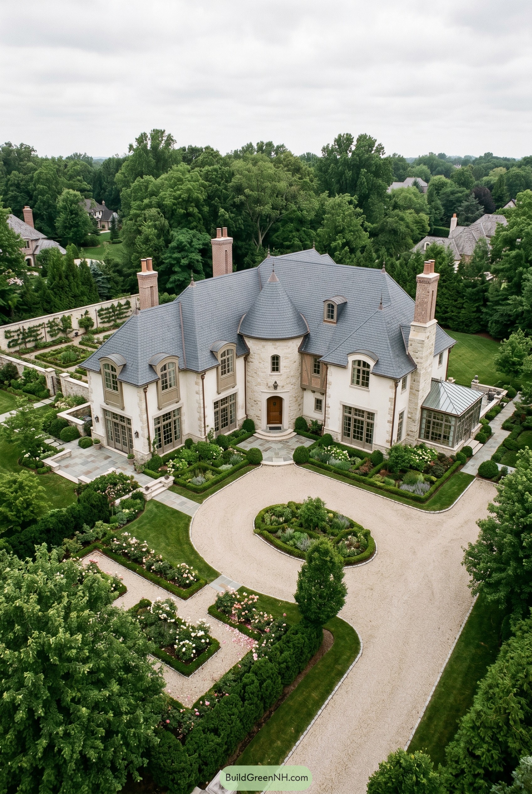 Aerial view of limestone chateau with turret and circular drive