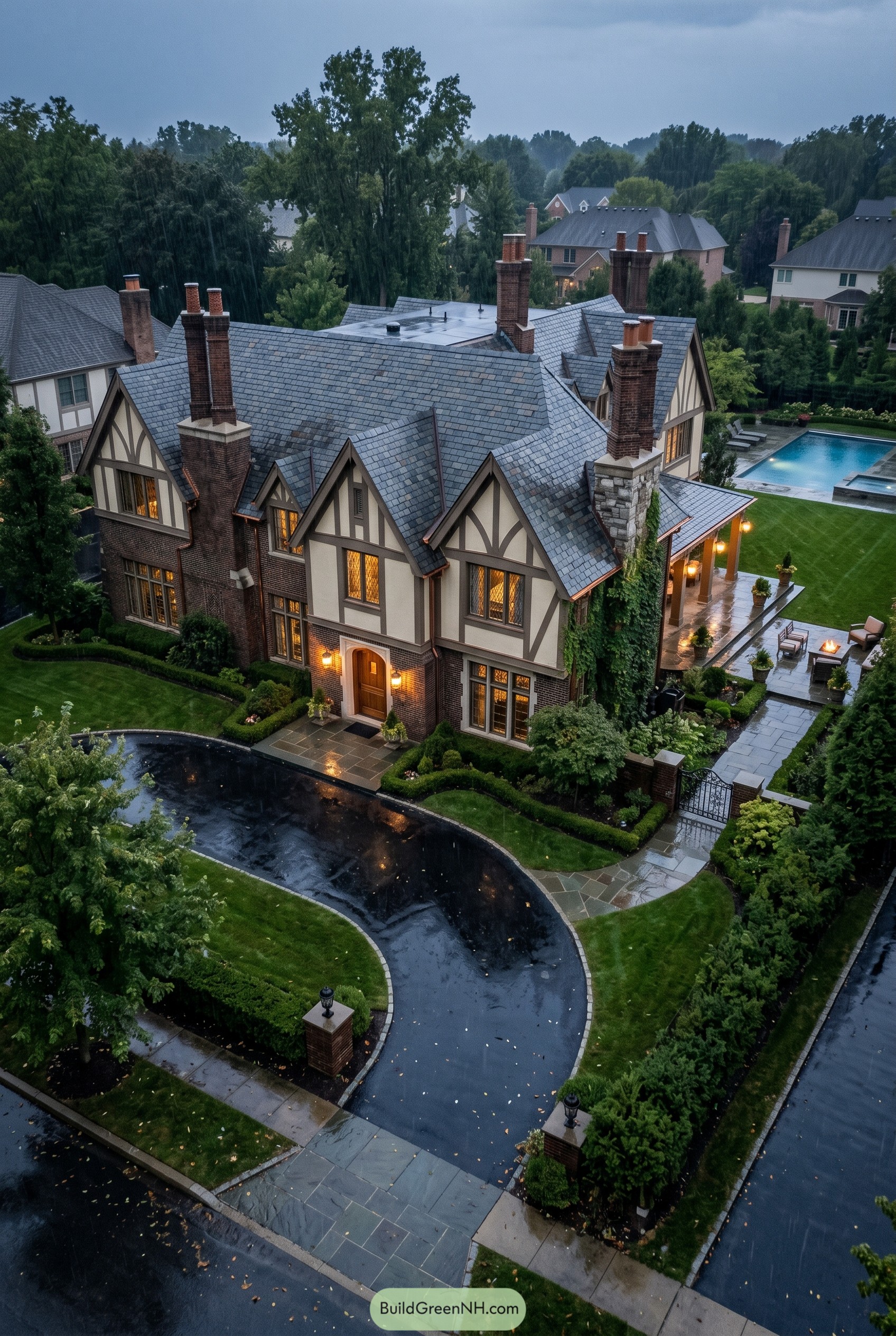 Large Tudor revival mansion with slate roof and pool