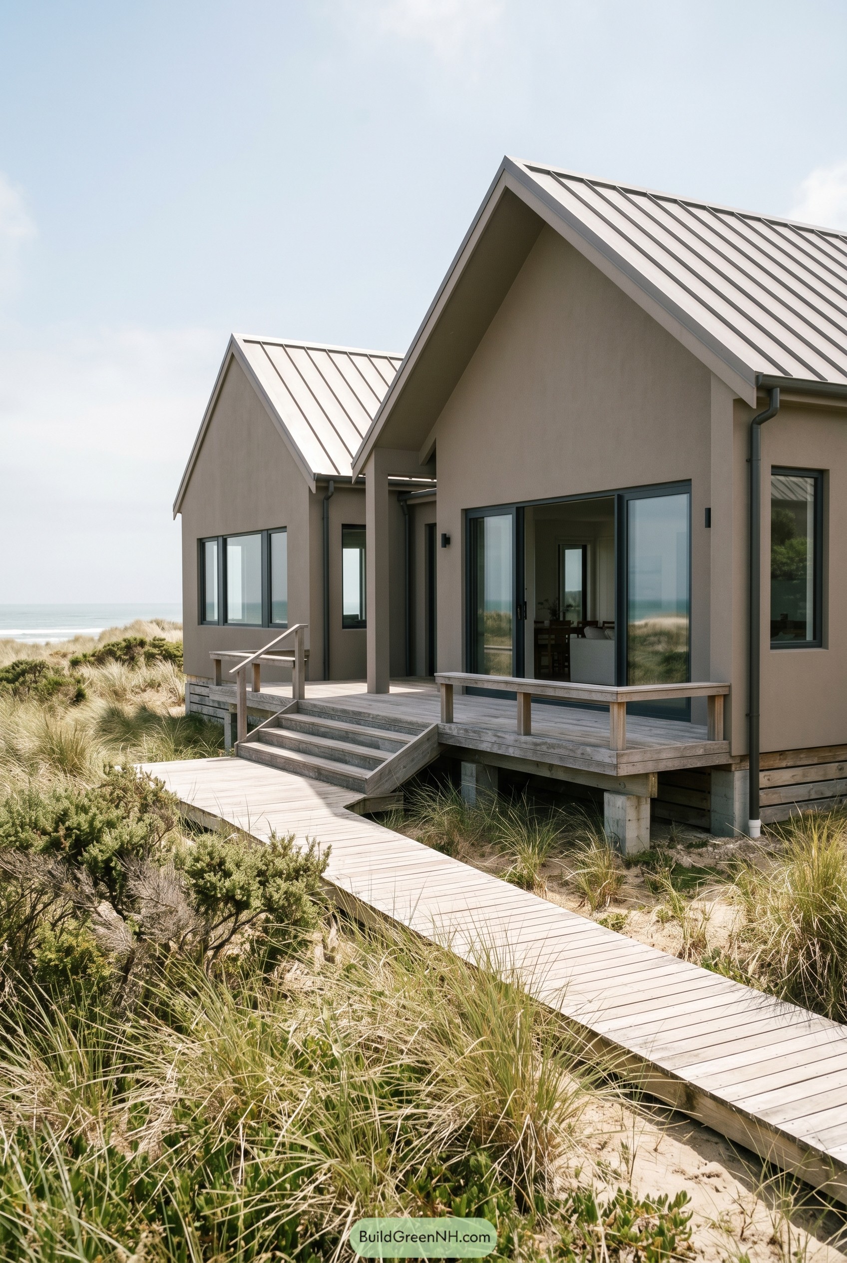 Taupe modern gabled beach house with boardwalk