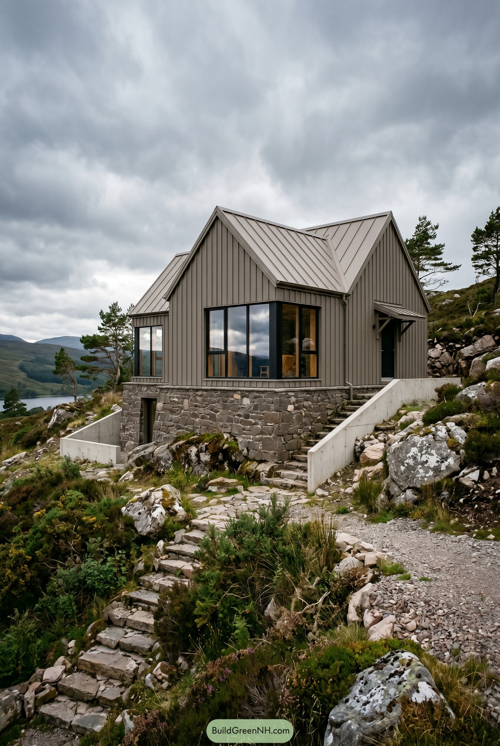 Modern taupe gabled house with stone plinth on rocky hillside