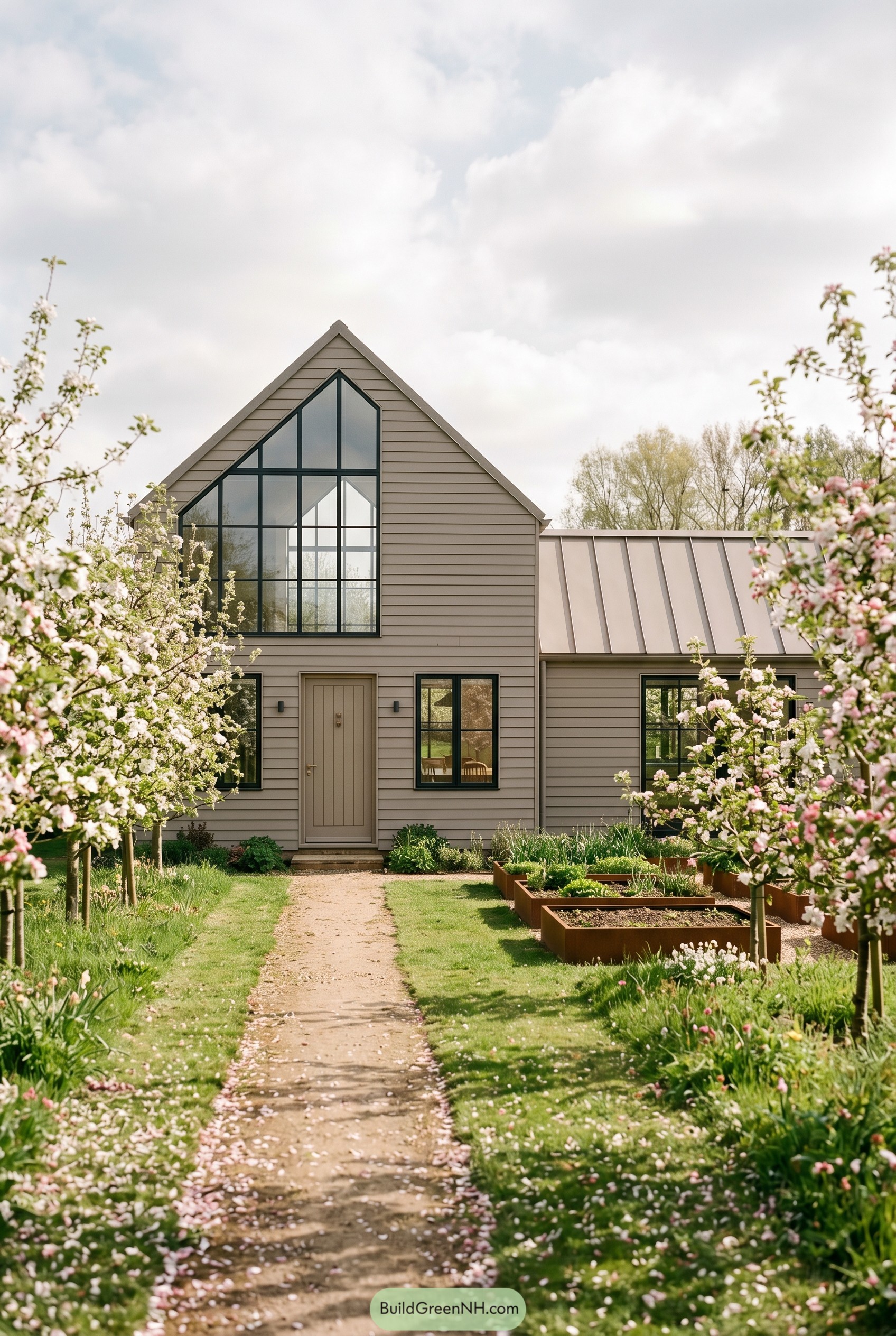 Taupe modern gabled house with orchard garden