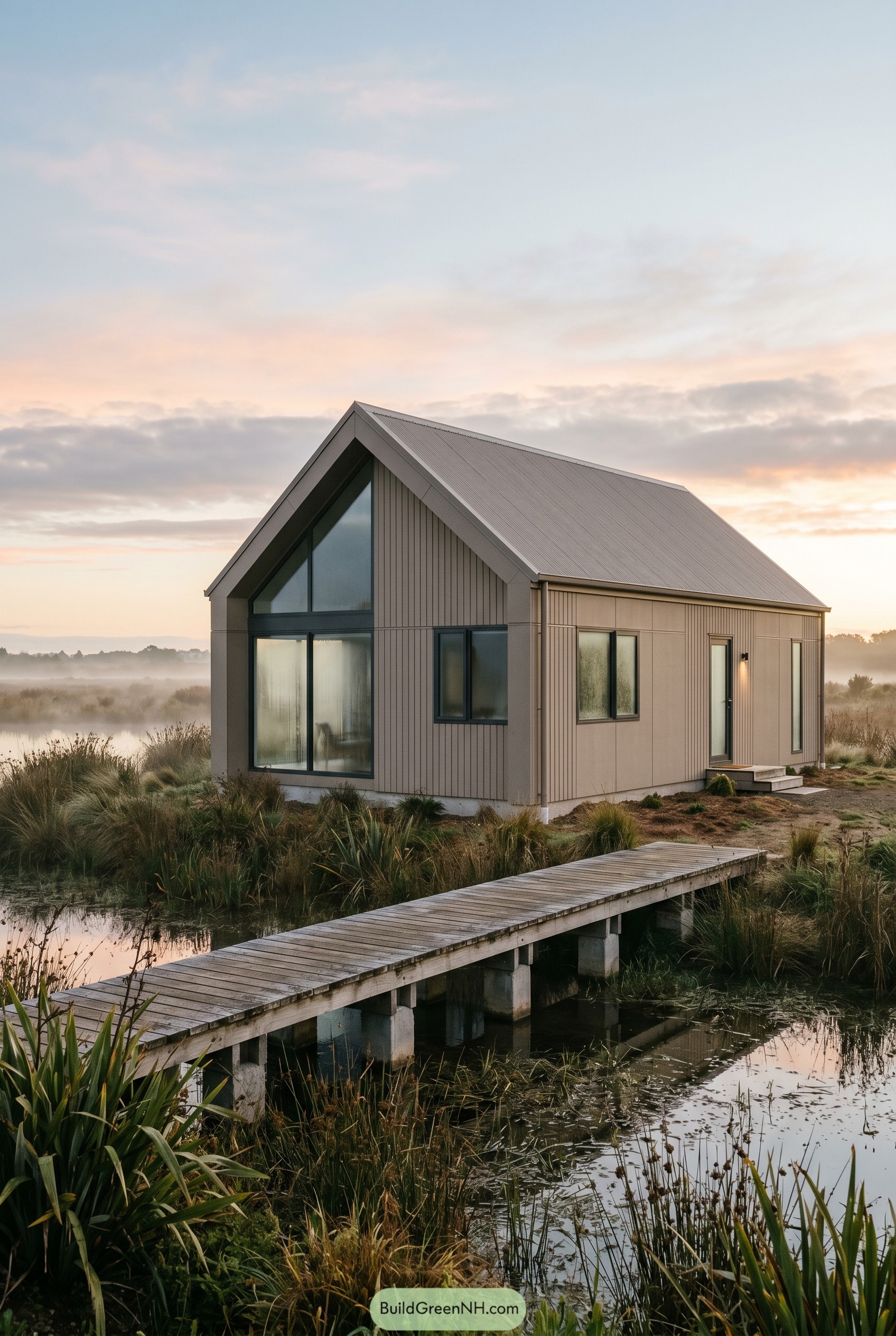 Taupe gabled house beside a marsh boardwalk