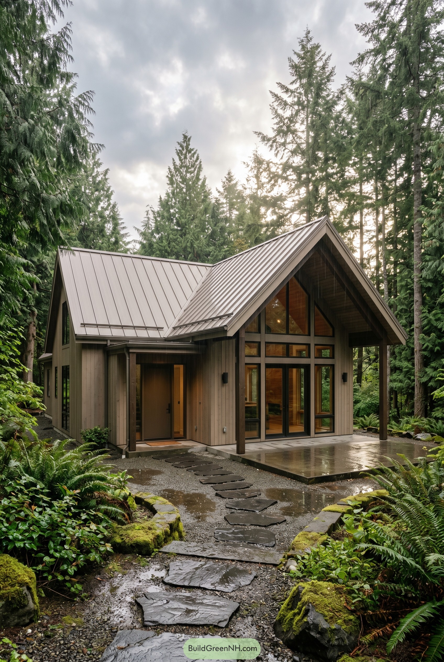 Taupe modern gabled house in a forest