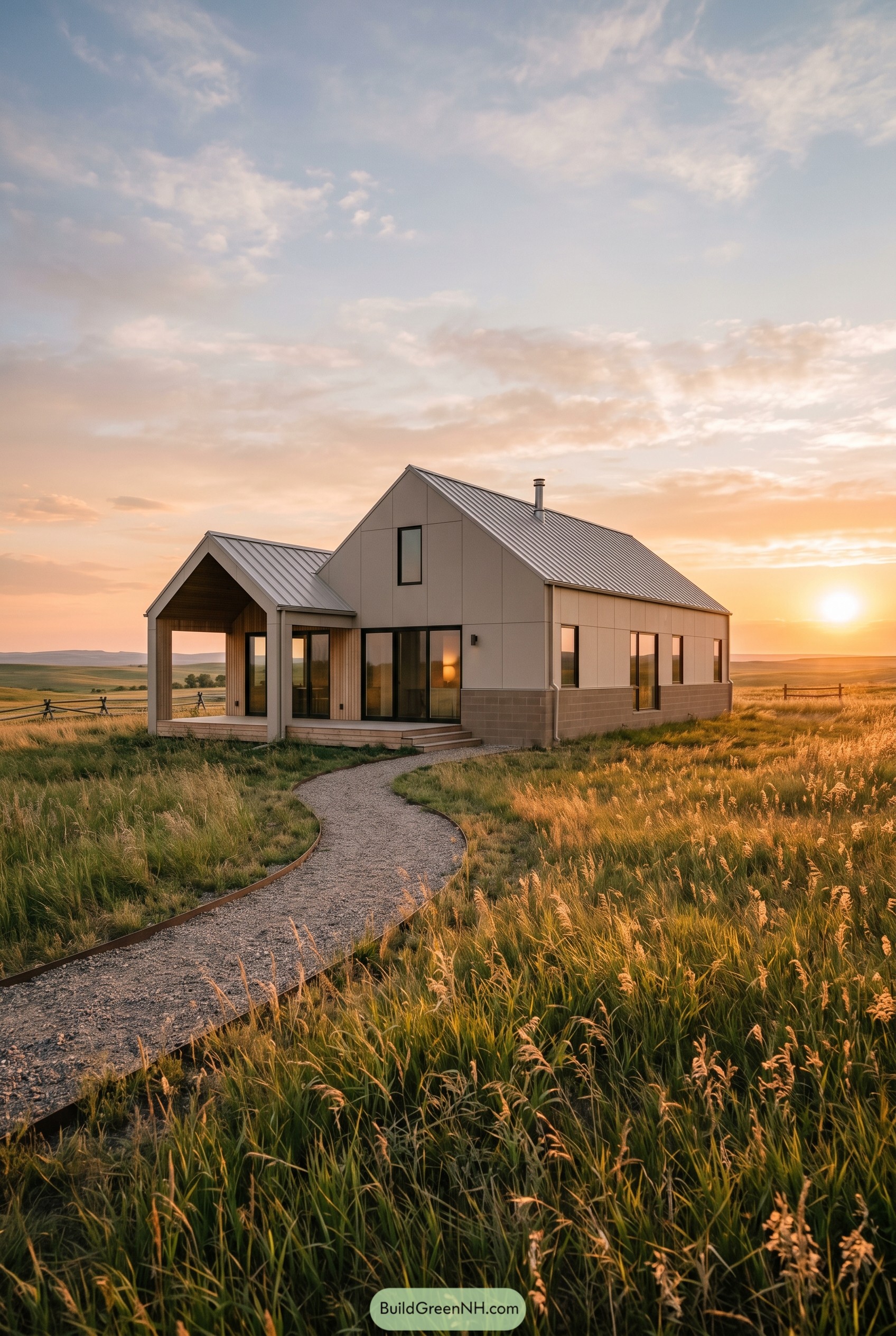 Taupe gabled house in prairie grass at sunset
