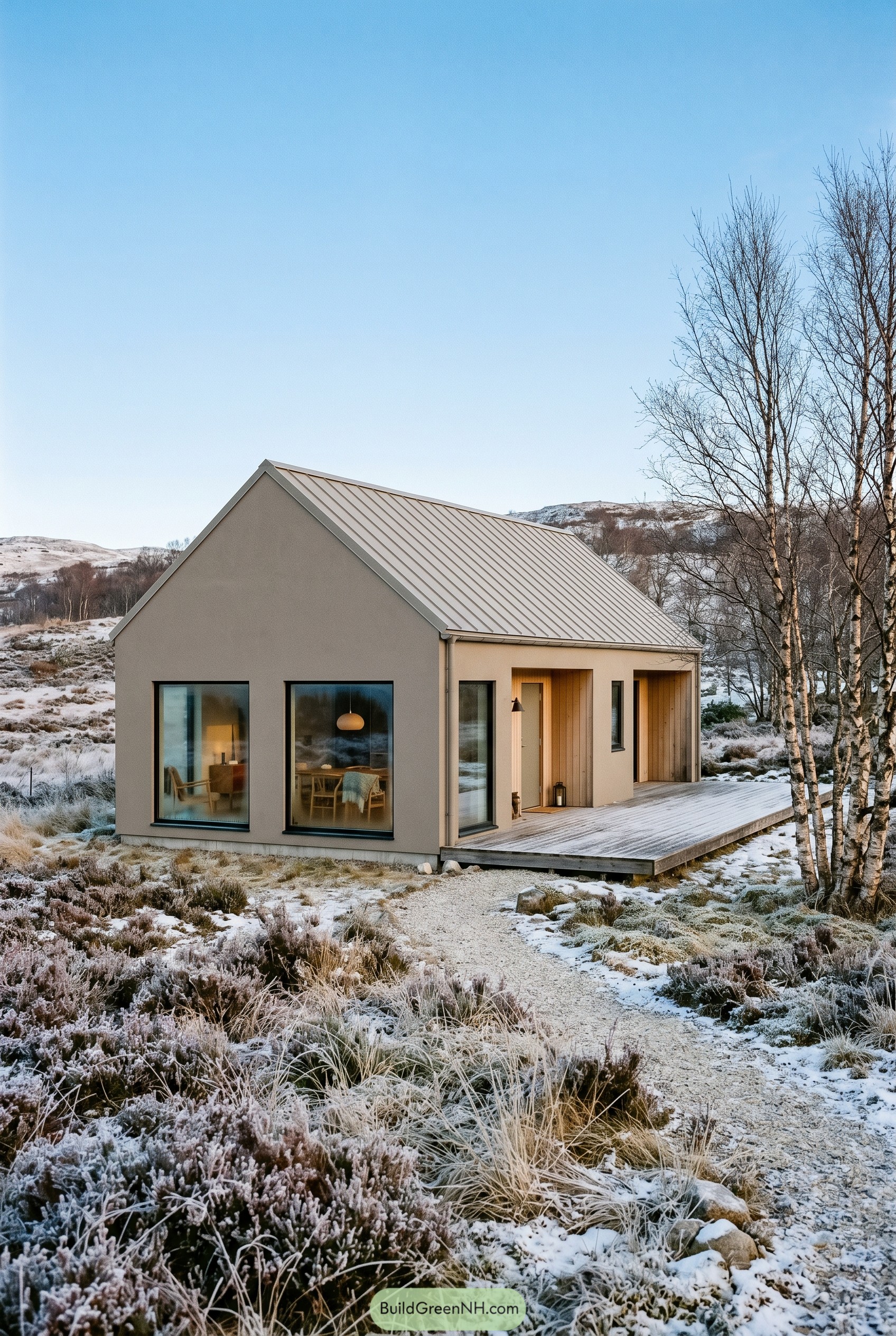 Taupe modern gabled house in a snowy heath
