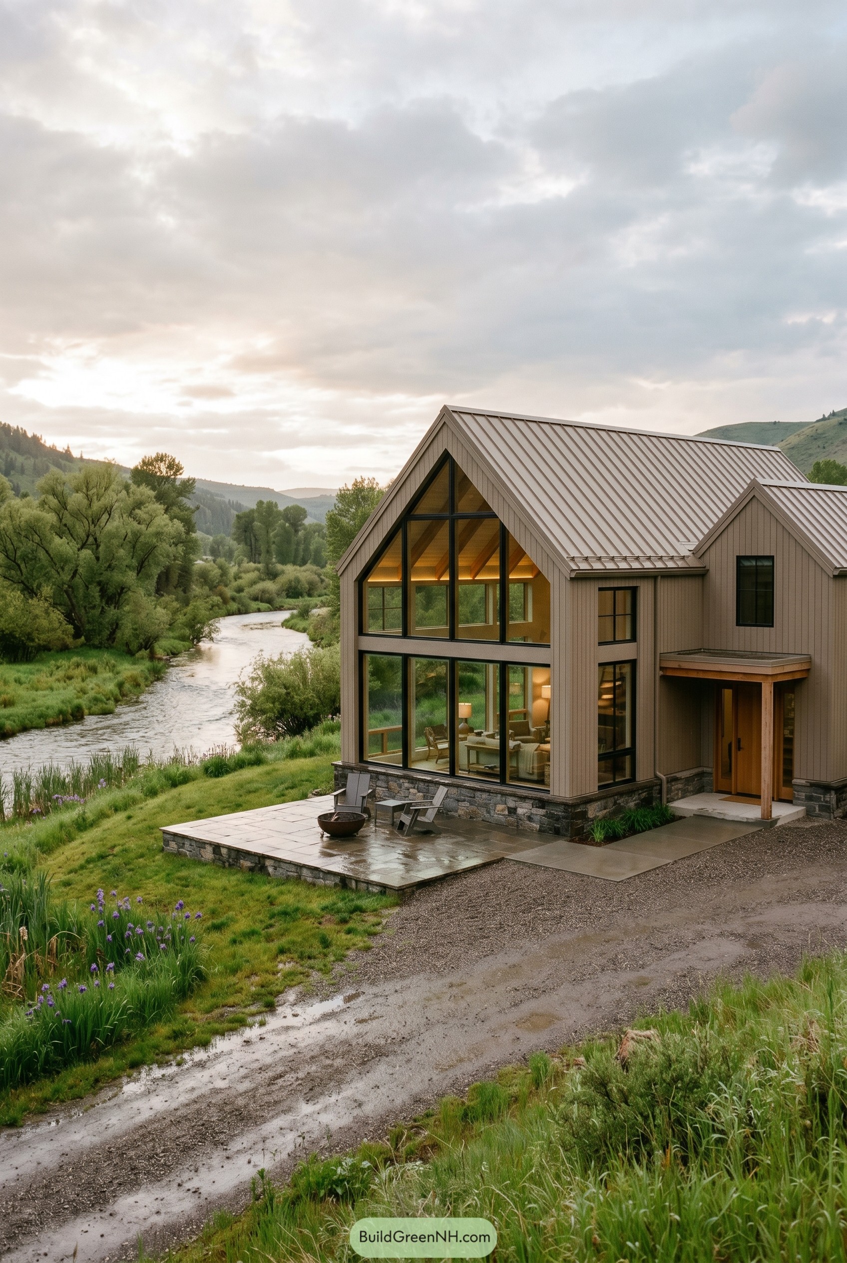 Taupe modern gabled house beside a river