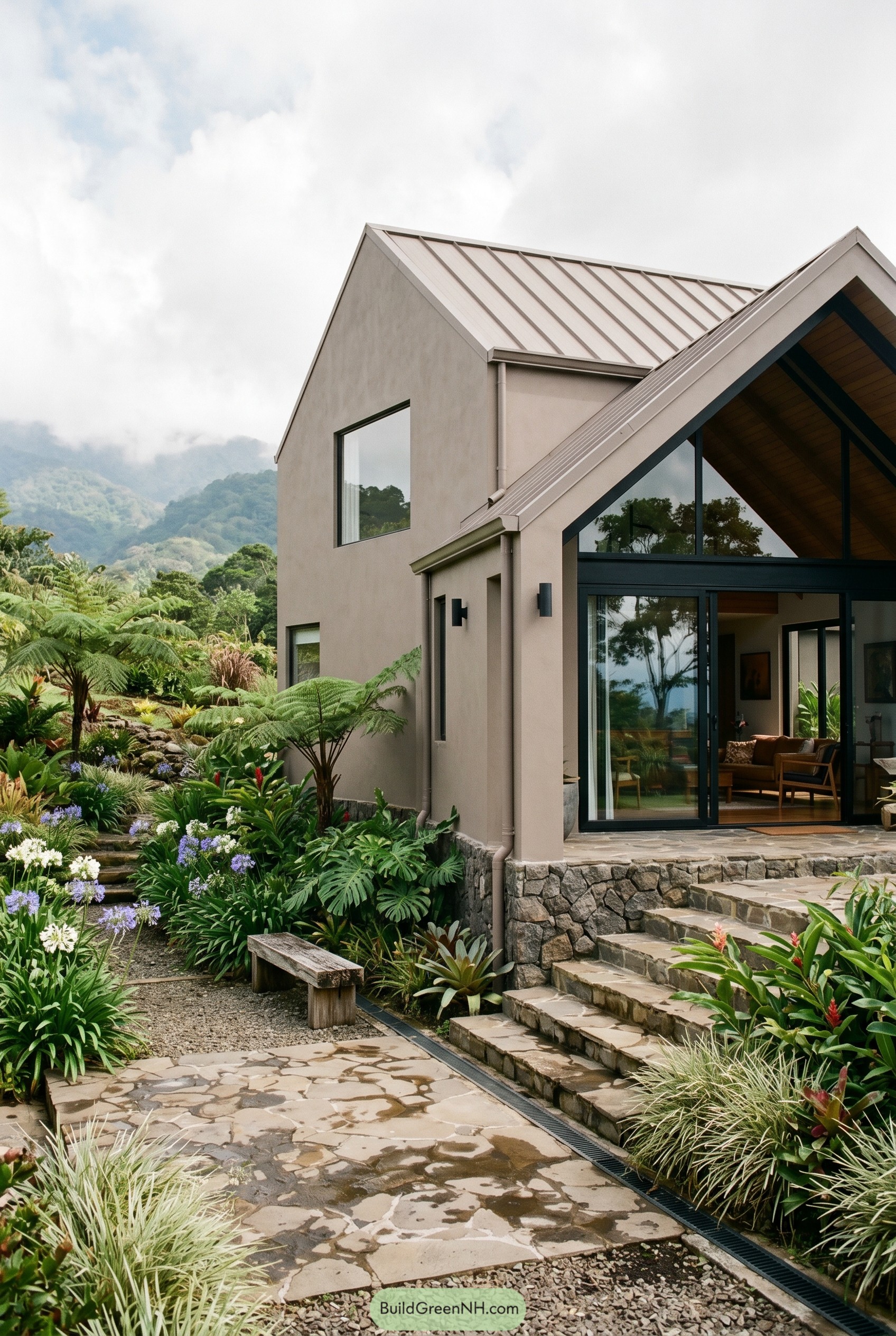 Taupe gabled house in lush tropical garden