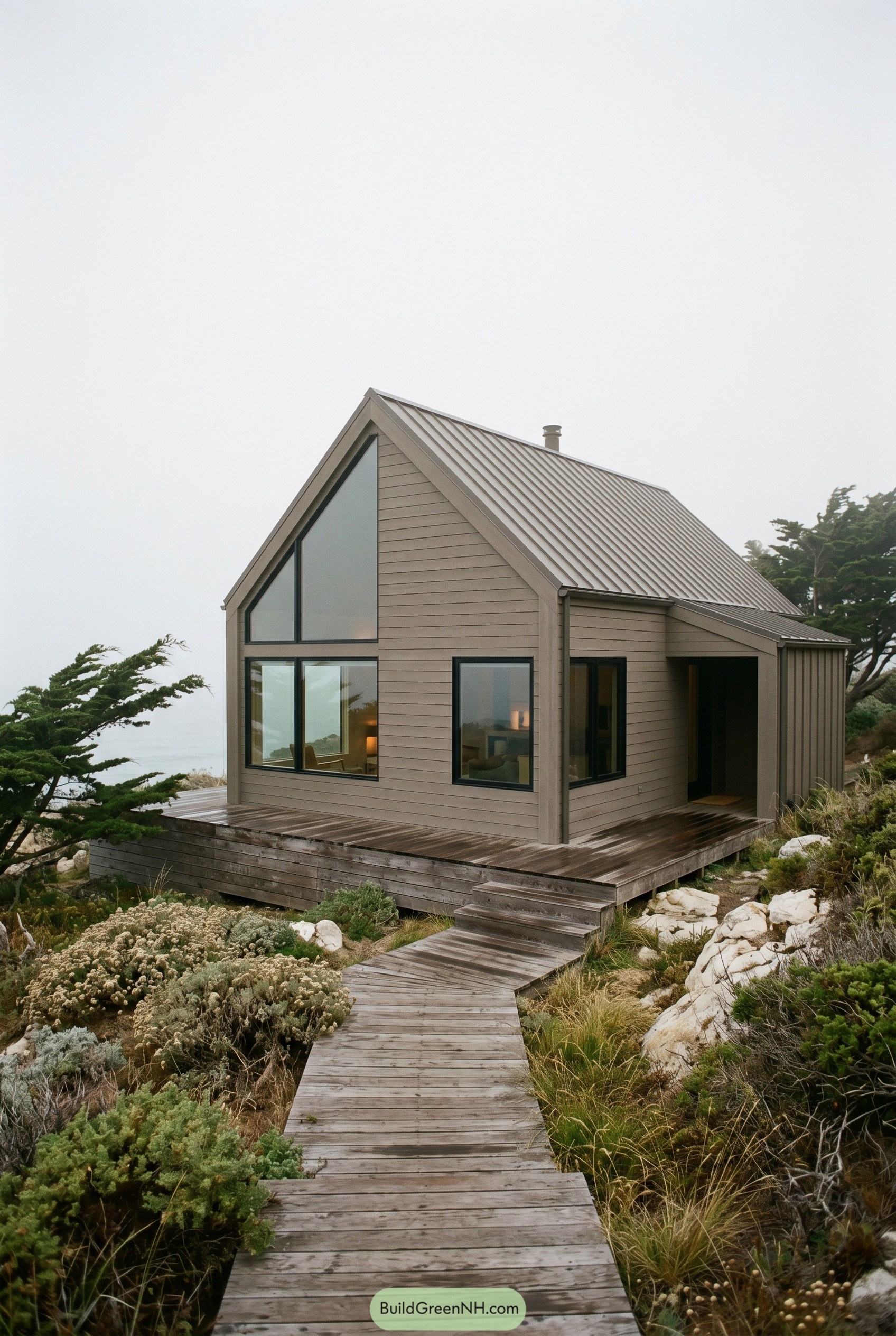 Taupe coastal gable house with large front glazing and deck