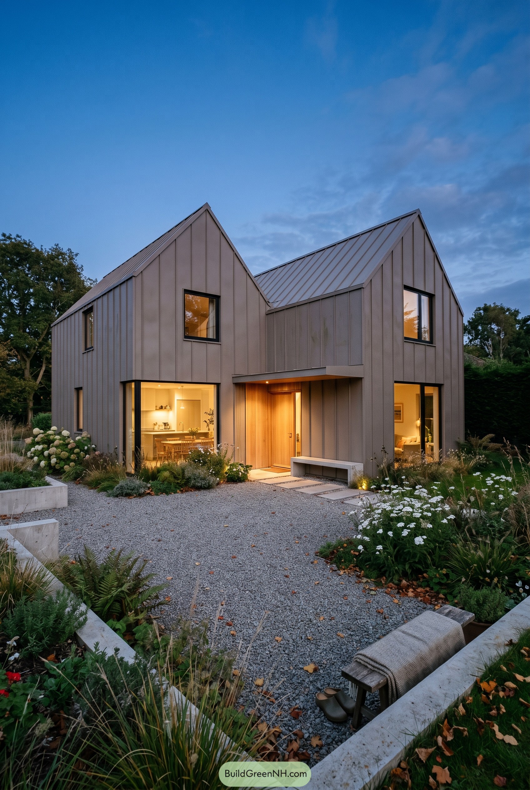 Taupe twin gabled house with gravel courtyard