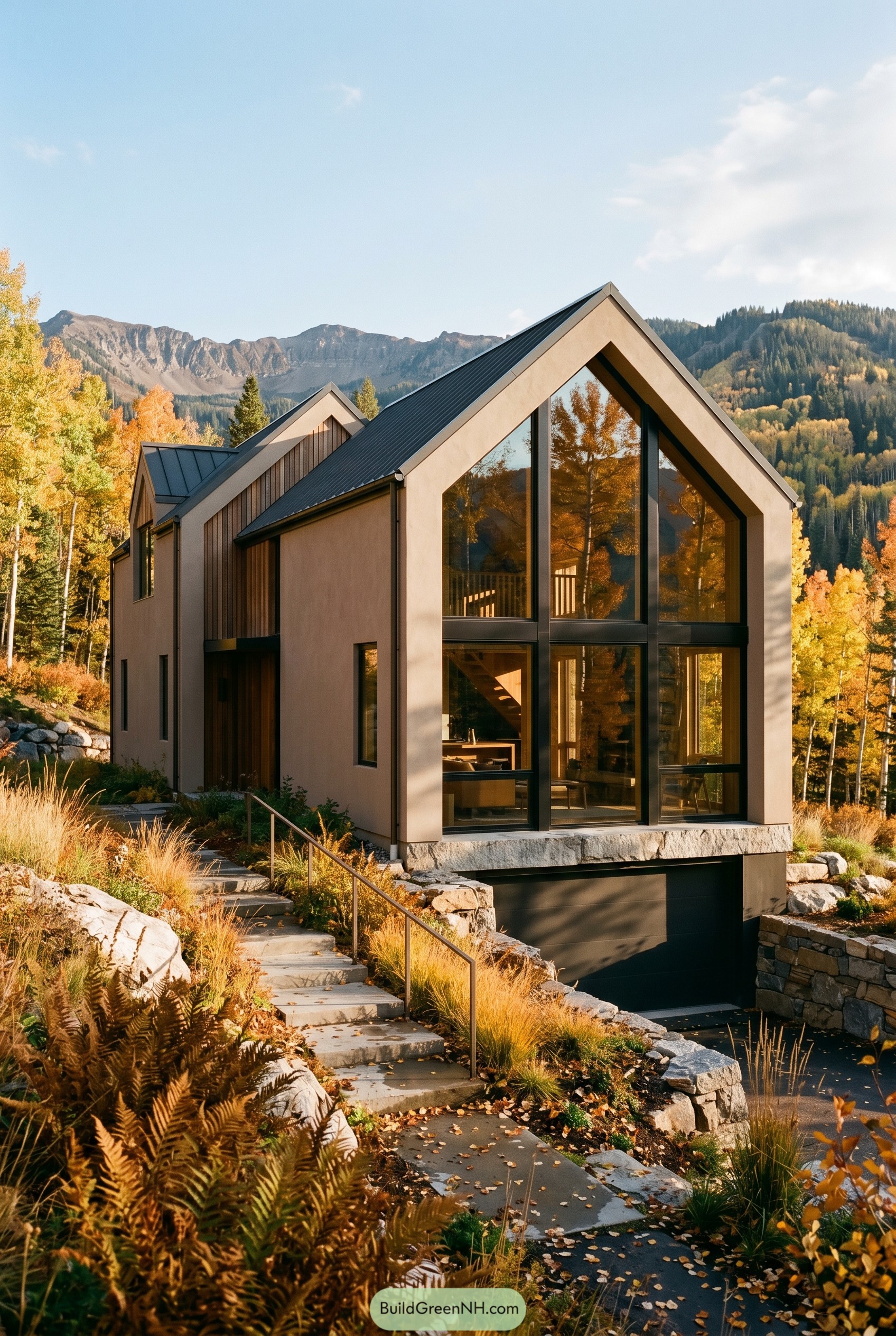 Taupe modern gabled house with tall glass front on a mountain slope