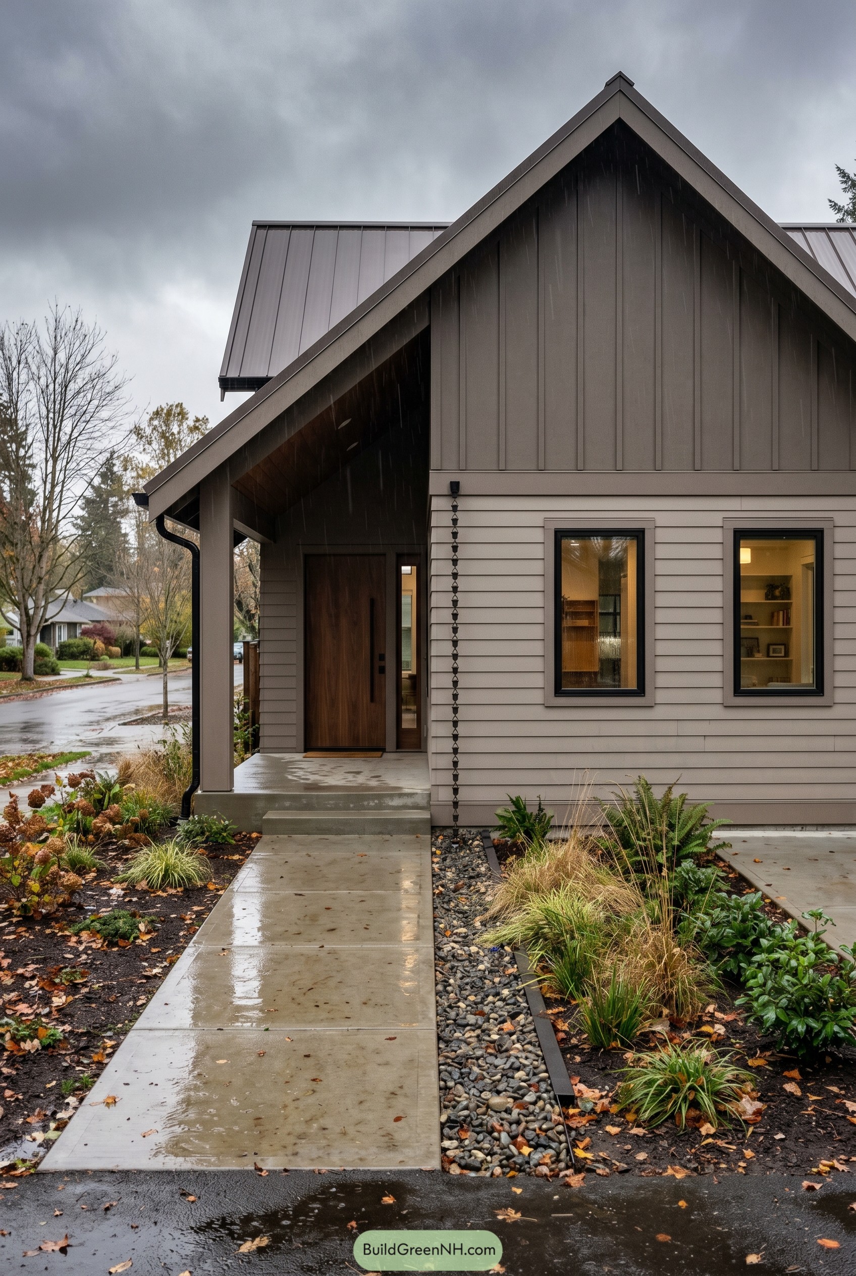 Modern taupe gabled house with covered entry