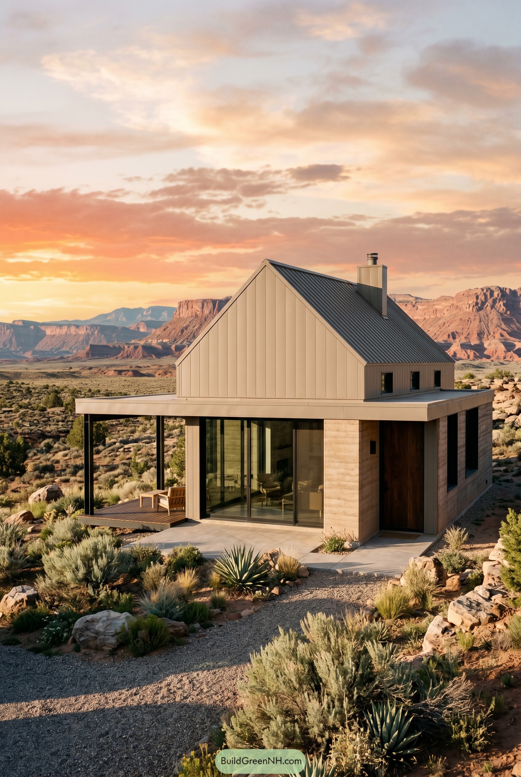 Taupe modern gabled house in desert landscape
