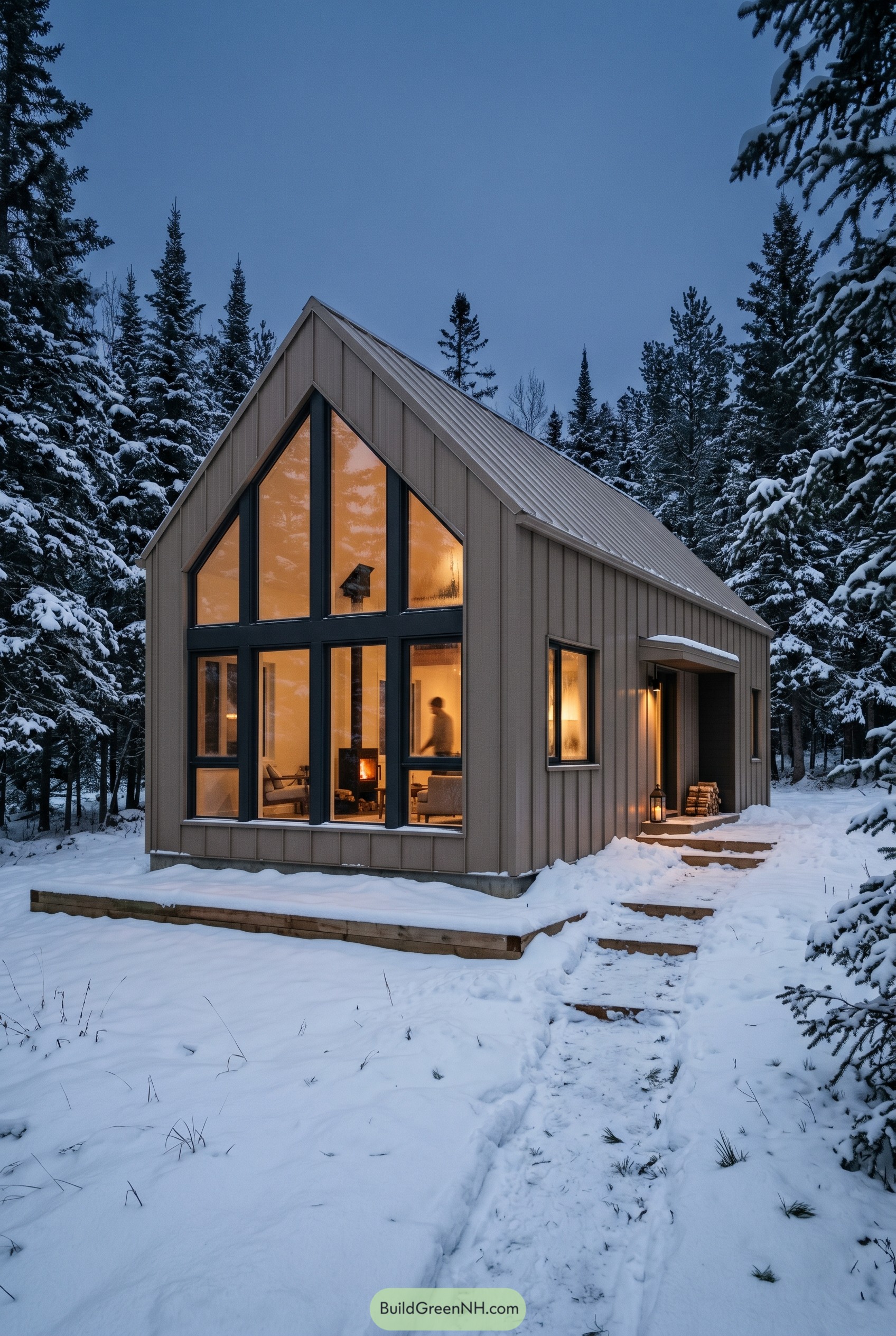Taupe modern gabled house in snowy forest