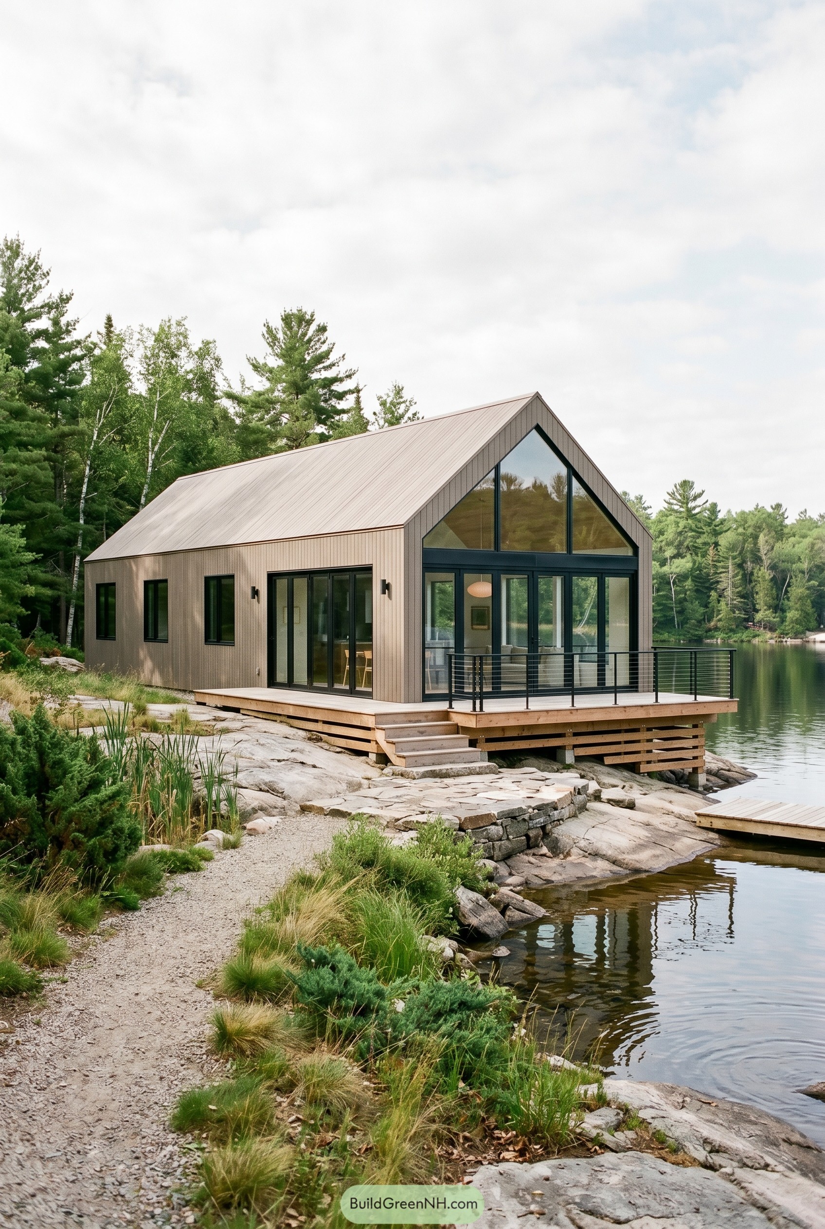 Taupe gabled house on rocky lakefront