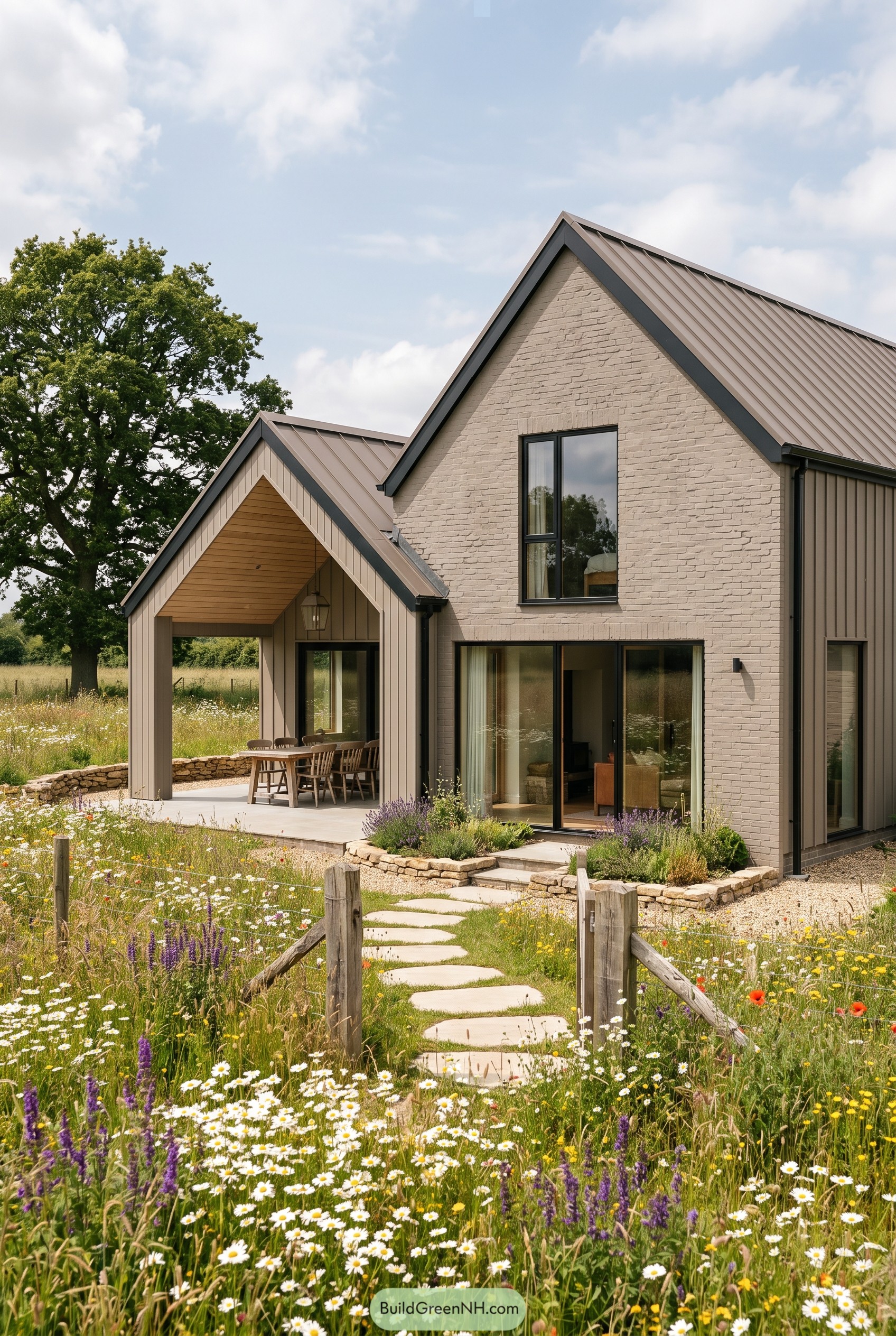 Taupe modern gabled house with covered porch