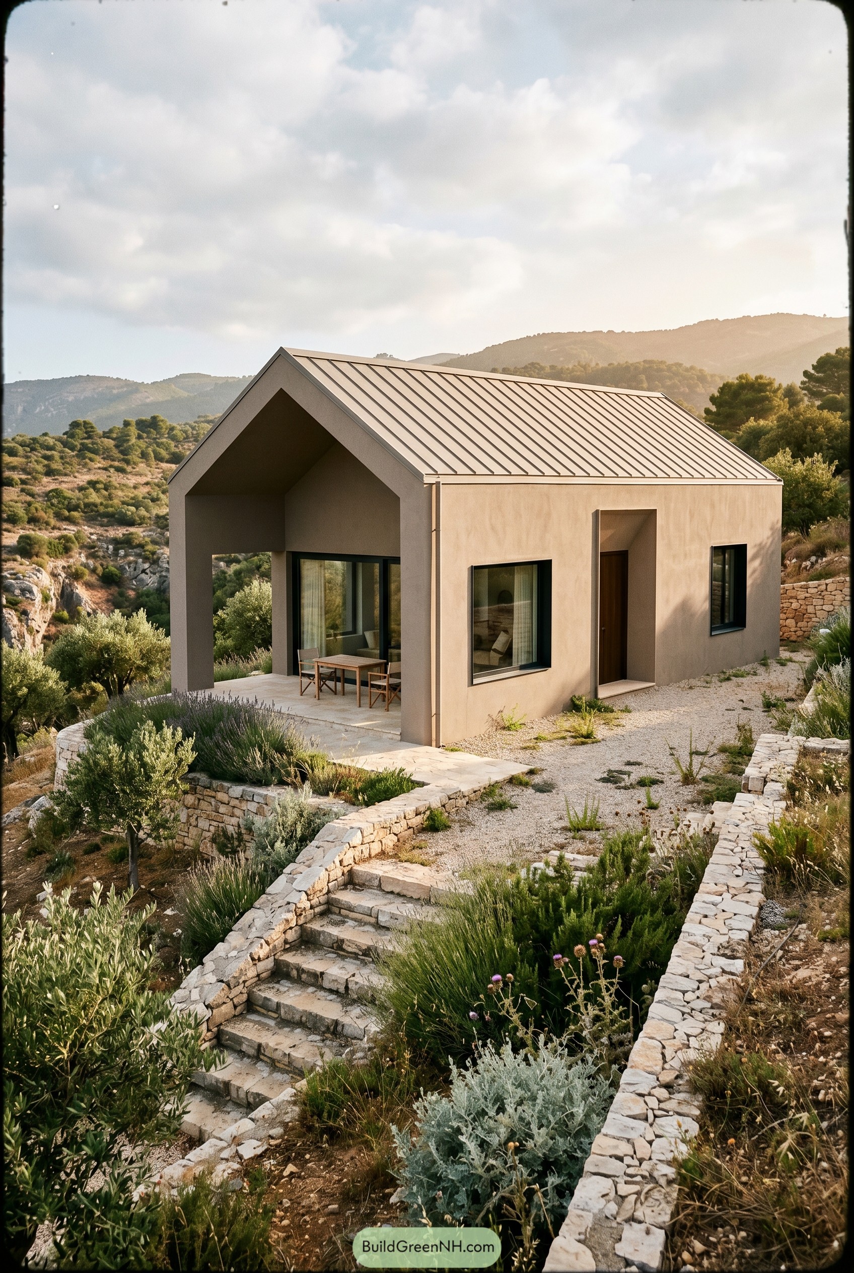 Taupe gabled house on a terraced hillside
