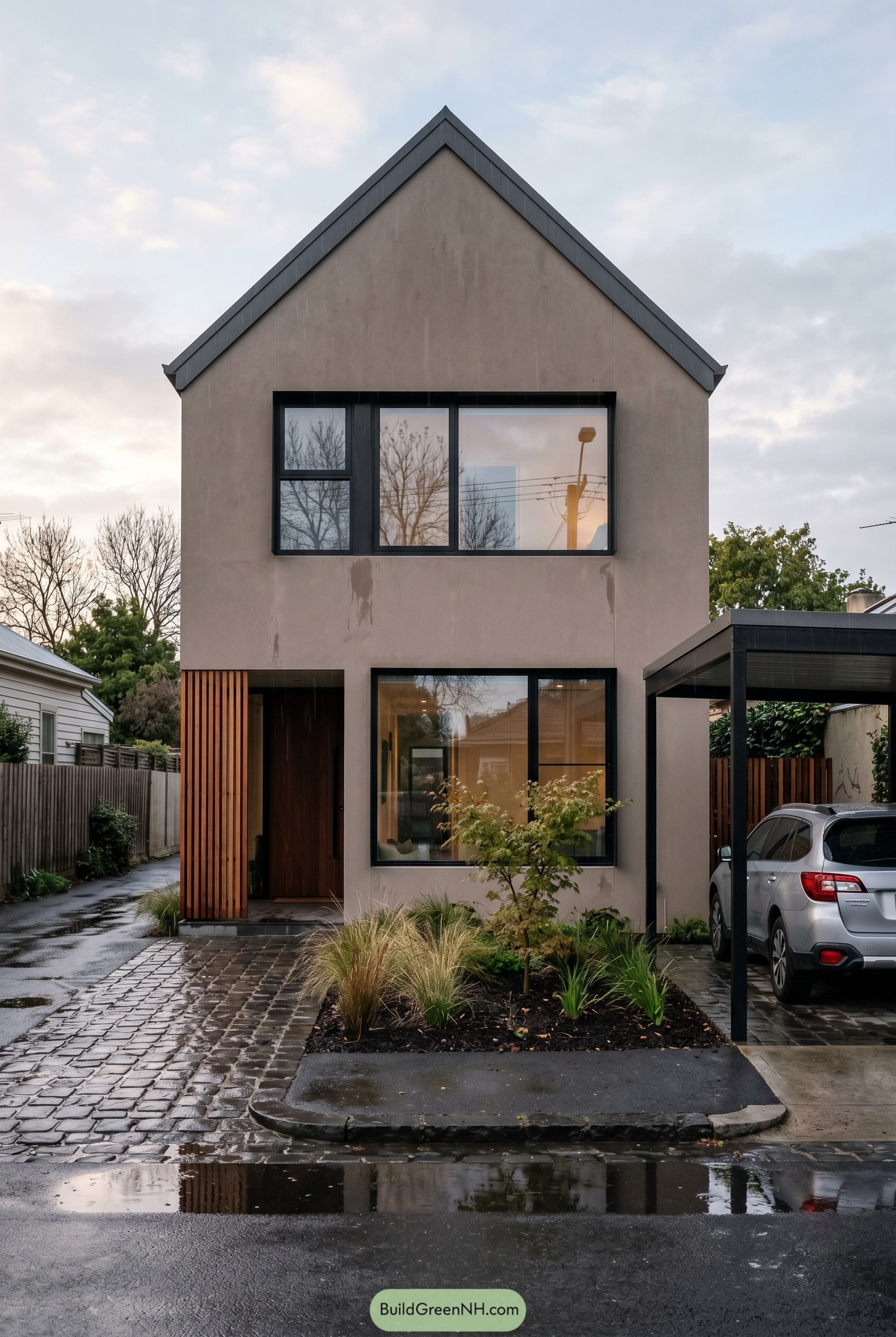 Modern taupe gabled house with black trim